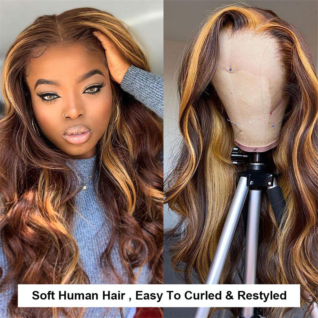 200% Density HD 13x6 Lace Front Wig Human Hair - Pre Plucked Bleached Knots Body Wave Brazilian Ombre Highlight (Color 4P27) 20Inch Invisible Lace Wig for Women - Perfect for Daily Wear, Cosplay, Parties & Special Occasions