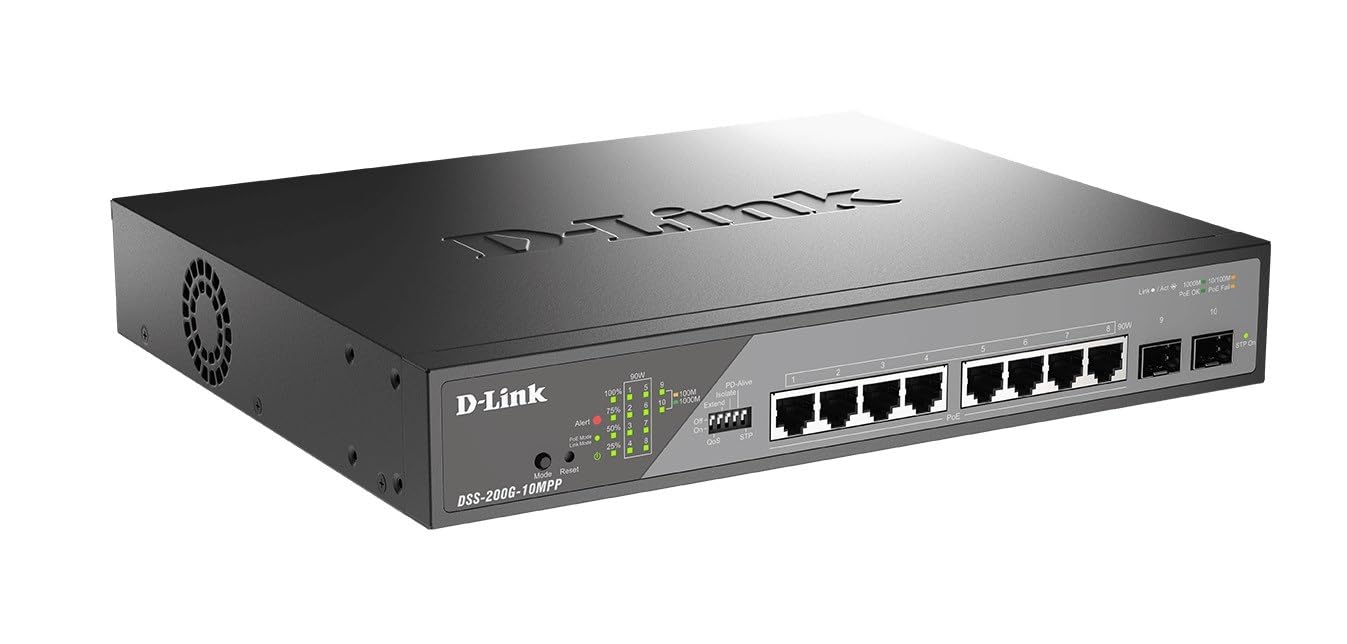 D-Link DSS-200G-10MP 10-Port Gigabit PoE+ Switch - 8 PoE Ports (130W), 2 SFP Ports, Smart-Managed for Office Network & IP Camera Systems
