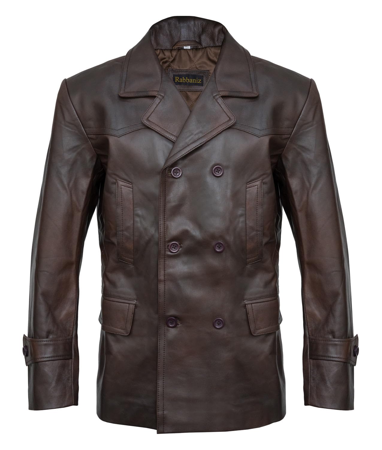 Higobo Men's Brown Leather Pea Coat - Double Breasted Winter Peacoat Jacket for Men | Warm & Stylish Outerwear for Business, Dating & Formal Occasions