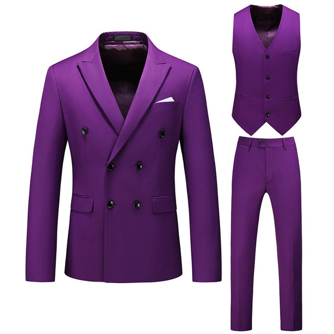 Men's Double Breasted Slim Fit 6-Button Wedding Tuxedo Suit with Blazer Vest & Pants - Perfect for Groomsmen, Formal Events & Black Tie Occasions
