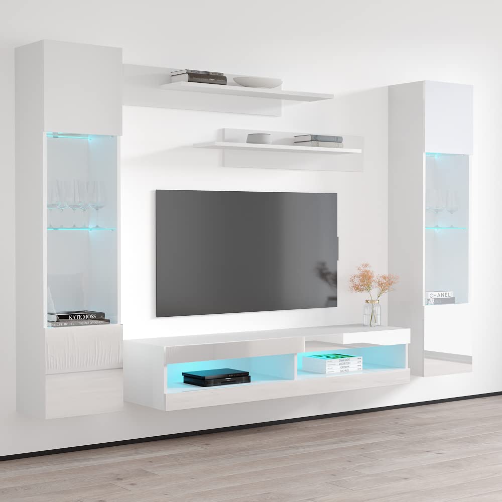 Modern White Wall-Mounted TV Stand with Storage Shelves & LED Lights - 34