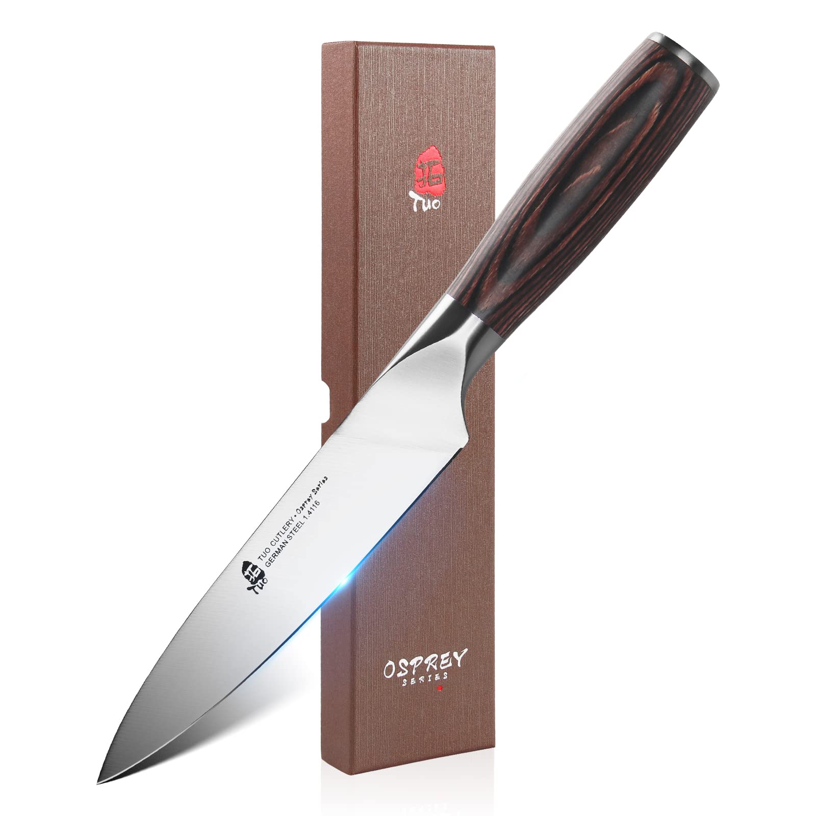 TUO 5-Inch Utility Knife - German High Carbon Stainless Steel Multi-Purpose Chef Knife for Meat, Vegetables & Fruits - Ergonomic Pakkawood Handle - Osprey Series with Gift Box - Perfect for Home Cooking, Camping, Hiking & Outdoor Adventures - Ideal for Kitchen Prep, BBQ, Picnics & Survival Gear - Great for Everyday Use, Professional Chefs, Campers & Outdoor Enthusiasts