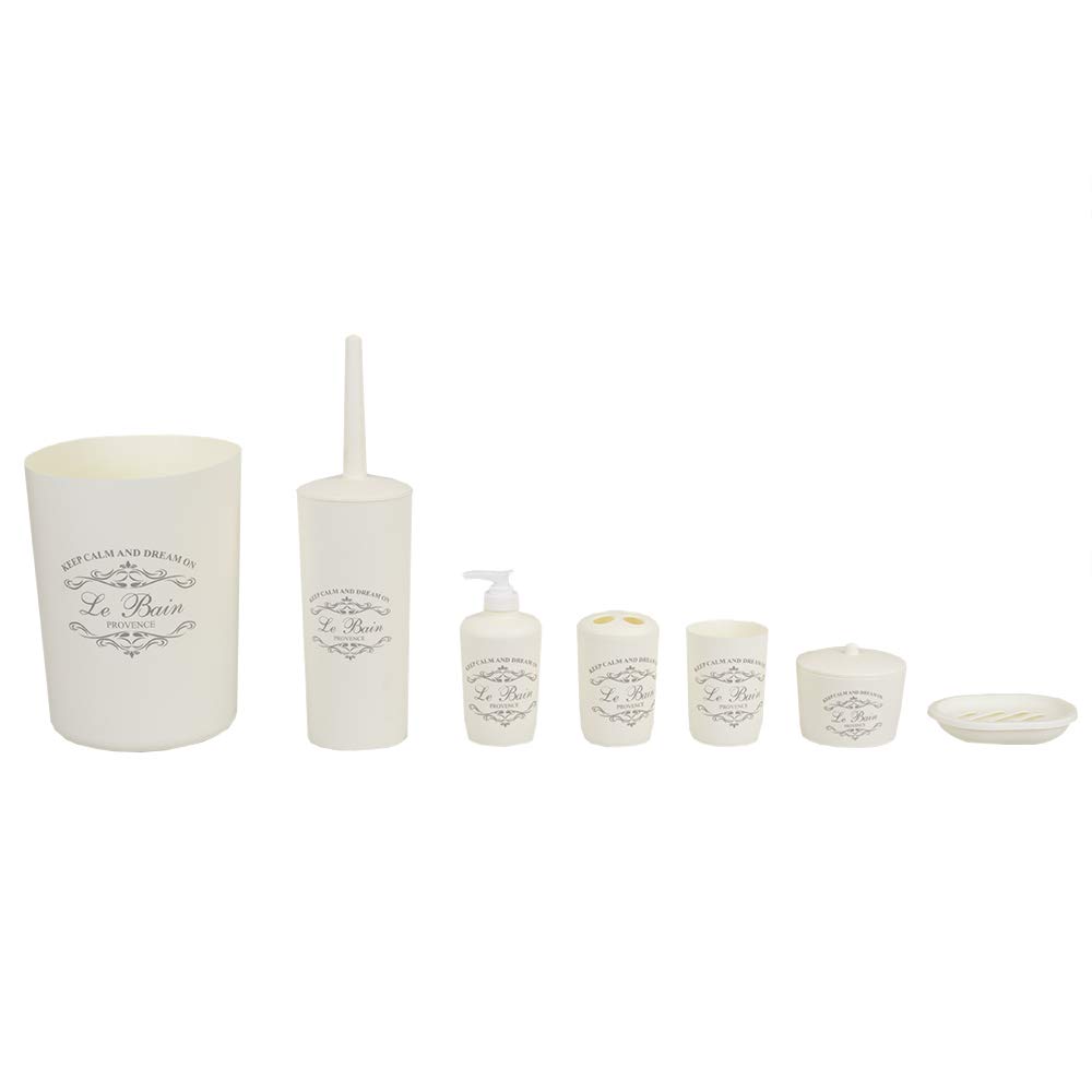 7-Piece Beige Parisian Bathroom Set - Plastic Bath Accessories with Tumbler, Toothbrush Holder, Soap Dish, Lotion Dispenser, Cotton Ball Container, Toilet Brush Holder & Waste Bin | Modern Bathroom Decor for Home, Apartment & Hotel Use