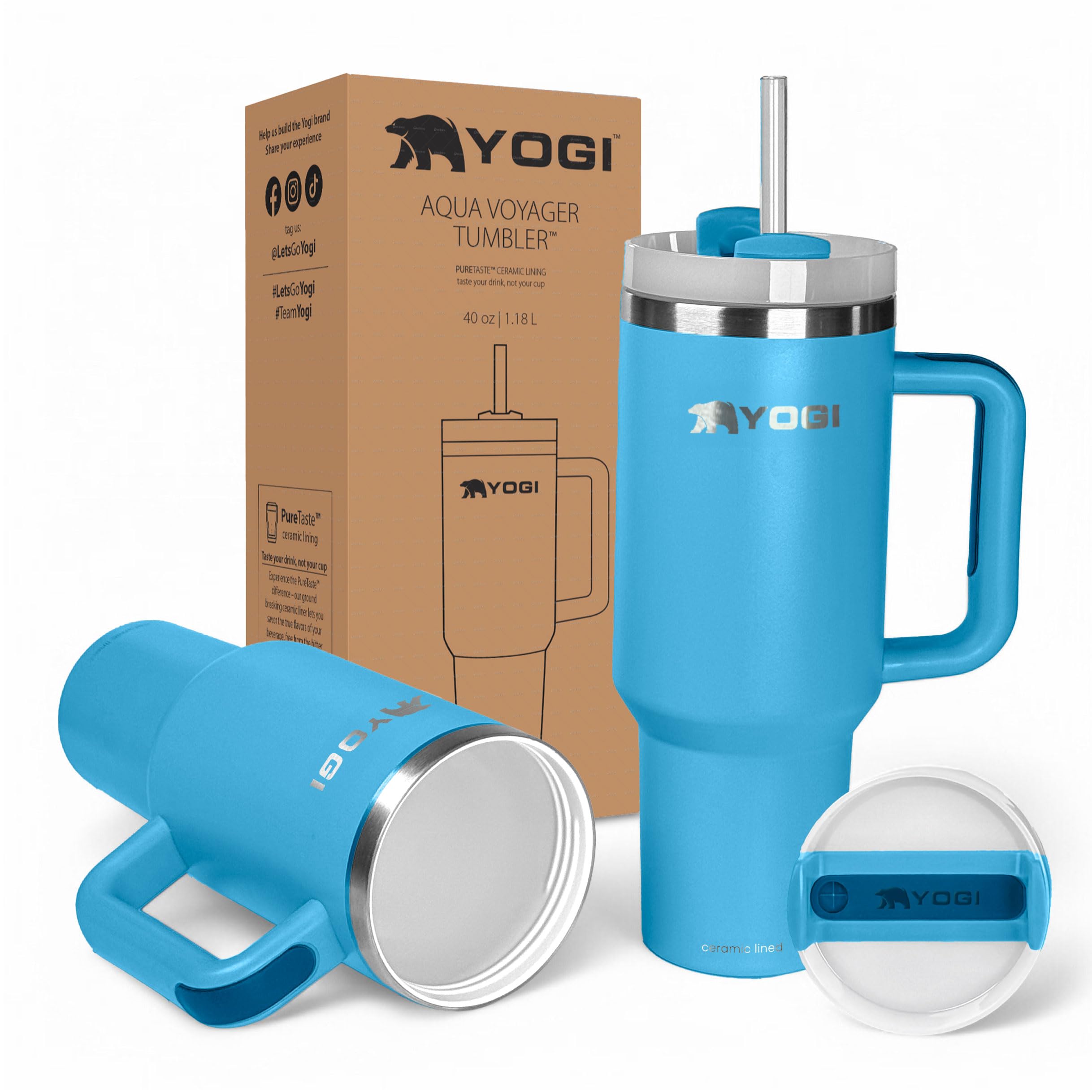 YOGI 40oz Stainless Steel Vacuum Insulated Tumbler with Ceramic Lining, Handle & Straw Lid - Leakproof Travel Mug for Coffee, Tea & Cold Drinks | Perfect for Office, Gym, Hiking & Road Trips (Taos Blue)