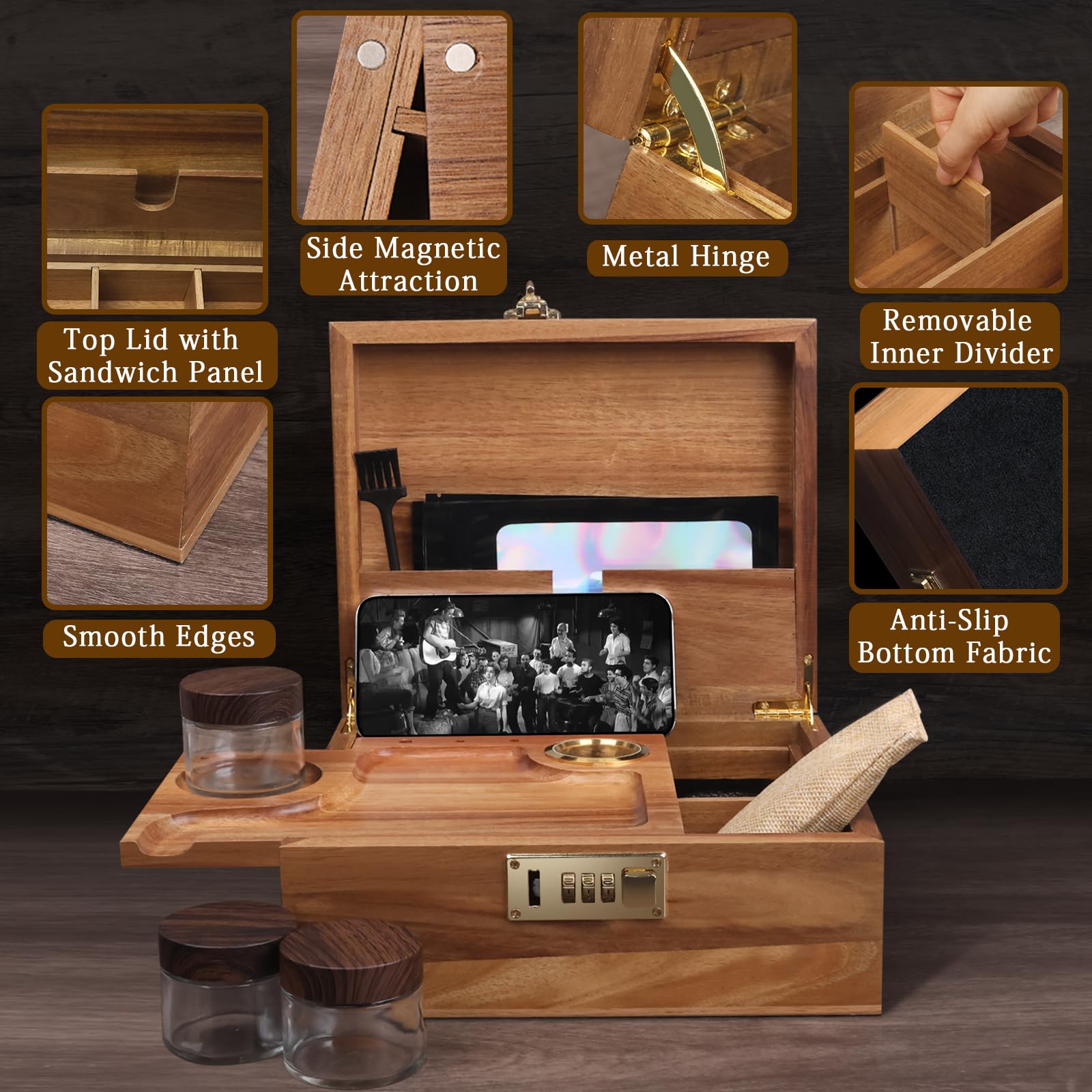 Premium Large Acacia Wood Storage Box with Built-in Hygrometer - Perfect for Cigar Humidor, Jewelry Organizer, and Home Decor