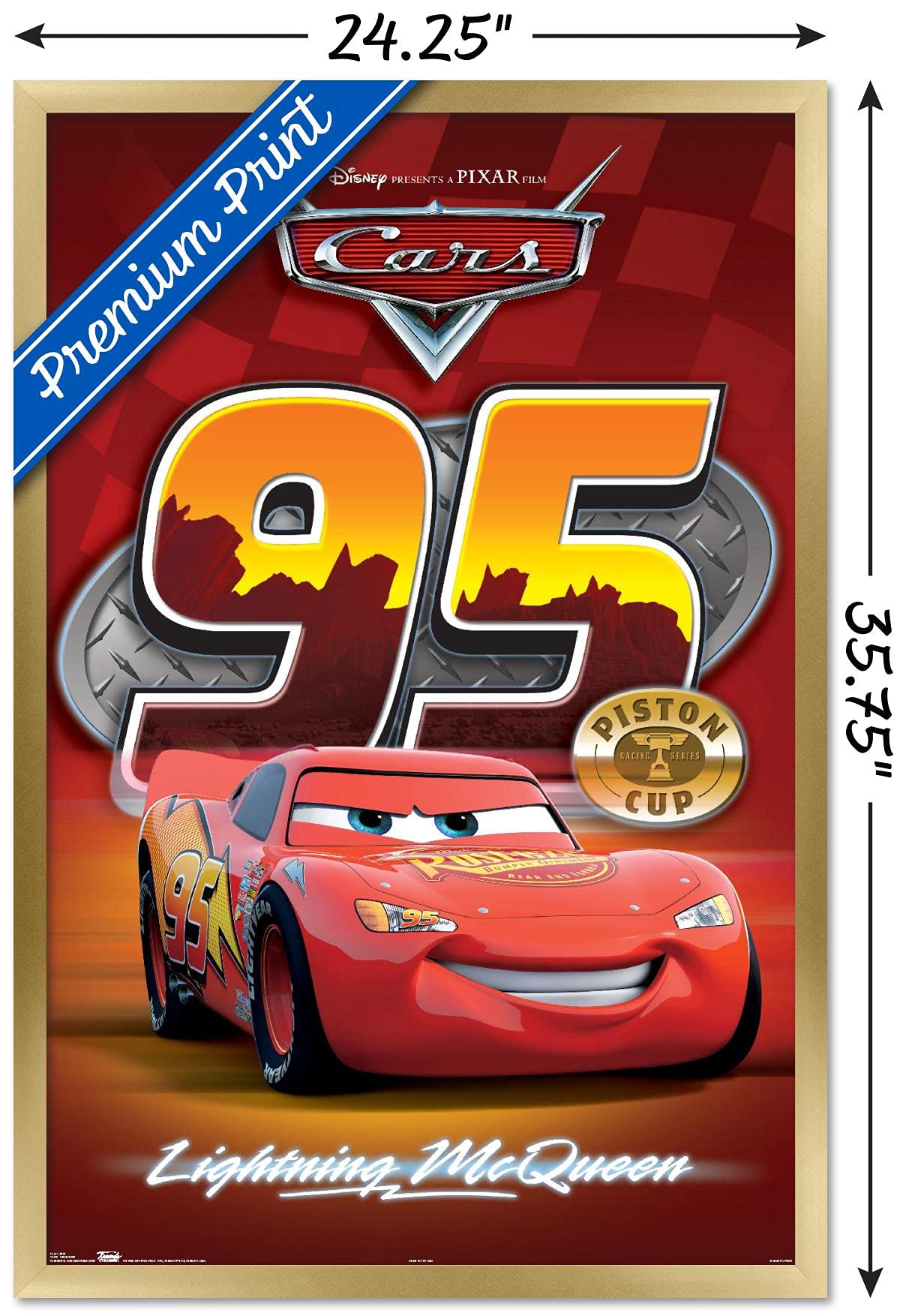 Disney Pixar Cars Lightning McQueen Wall Poster - 22.375 x 34 Inches Gold Framed Decor for Kids Room, Bedroom & Office | Official Licensed Movie Art