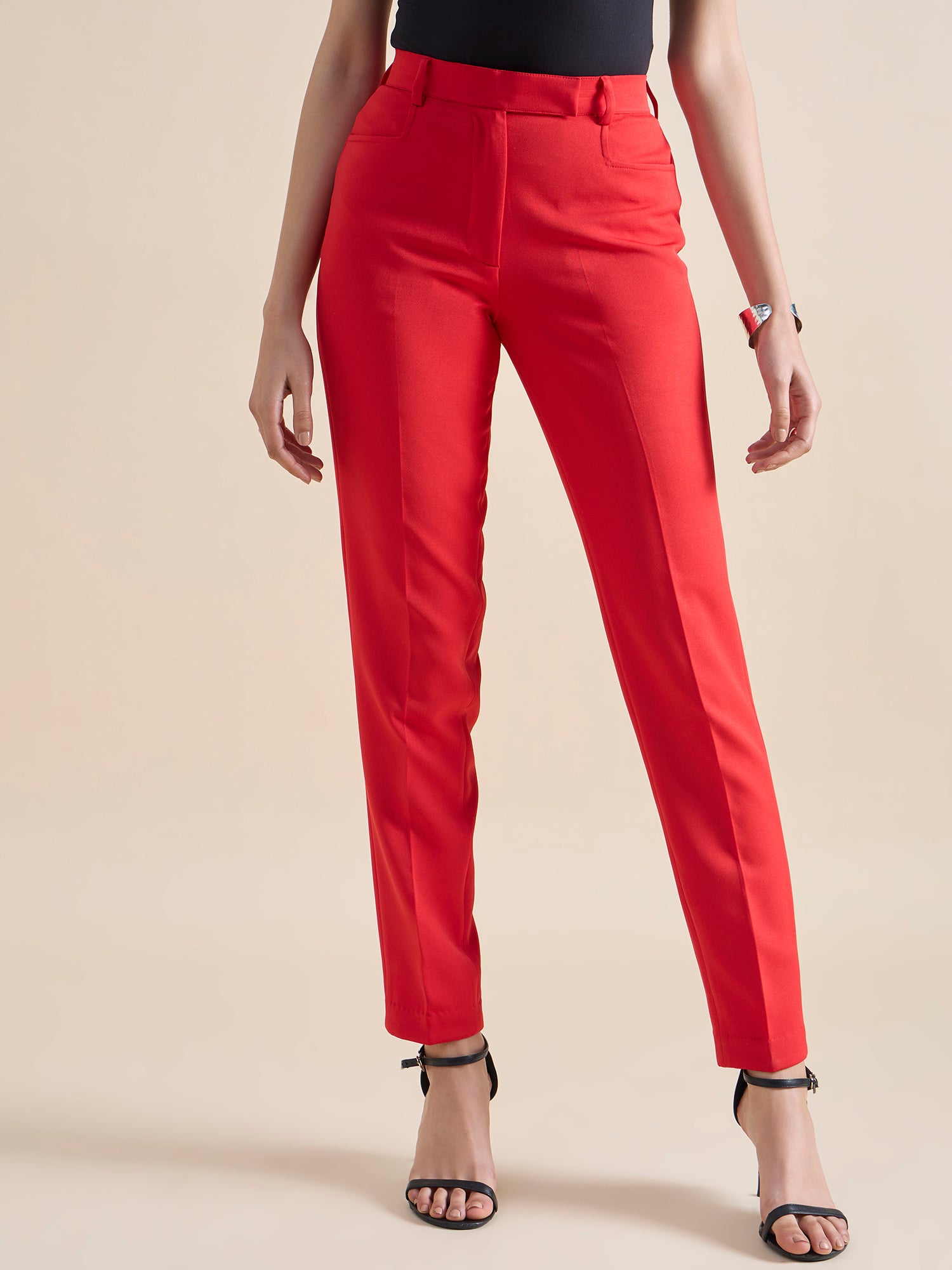 Red Mid Waist Slim Fit Stretch Women's Pants for Work, Office & Casual Wear | Comfortable & Stylish Trousers