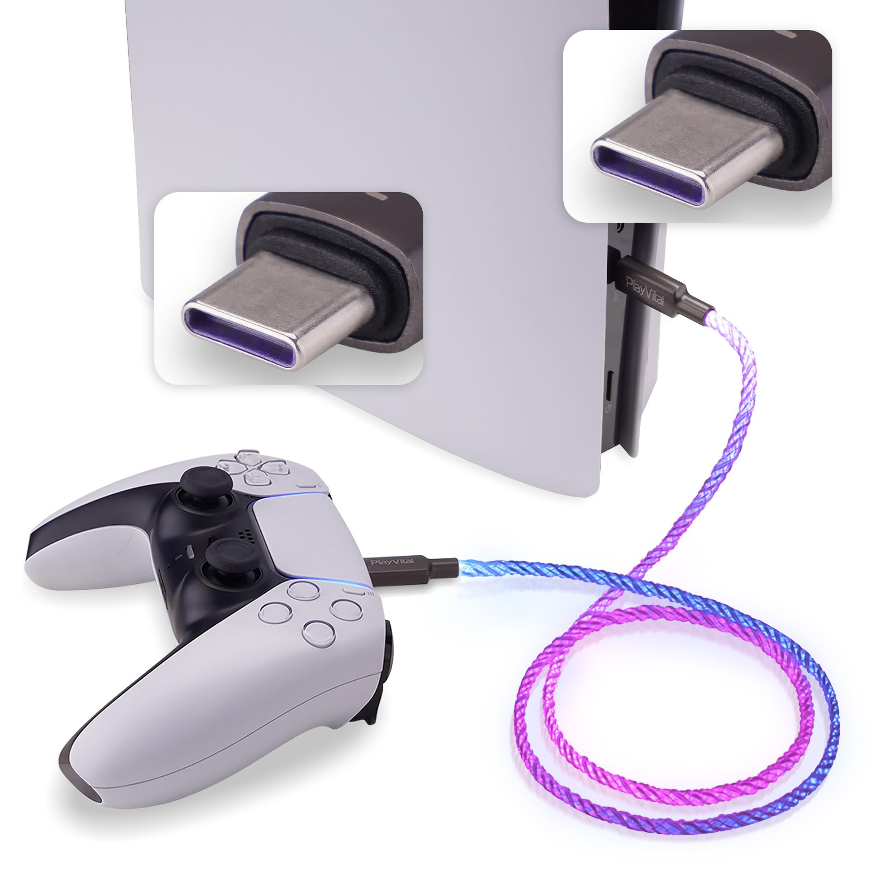 PlayVital 3.28FT USB C to C Charging Cable with LED Lights for PS5 Edge Controller - Universal Gaming Charger Cord Compatible with Xbox Core/Elite Series 2/Switch Pro Controller - Perfect for Late-Night Gaming Sessions and Charging Multiple Devices