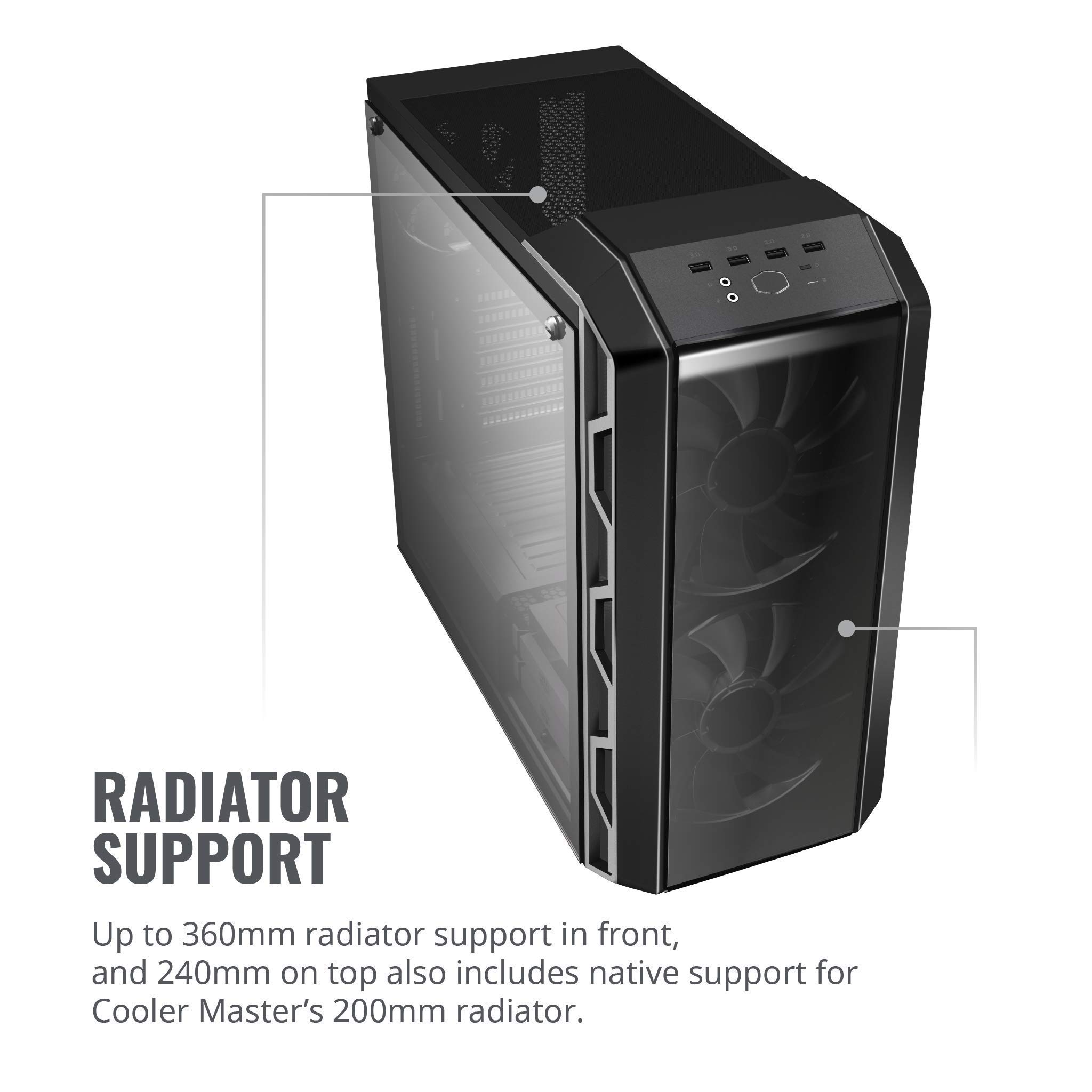 Cooler Master MasterCase H500 ATX Mid-Tower PC Case with Tempered Glass Side Panel, Transparent Front Panel, Carrying Handle & Dual 200mm RGB Fans - Perfect for Gaming Rigs, Workstations & Custom PC Builds