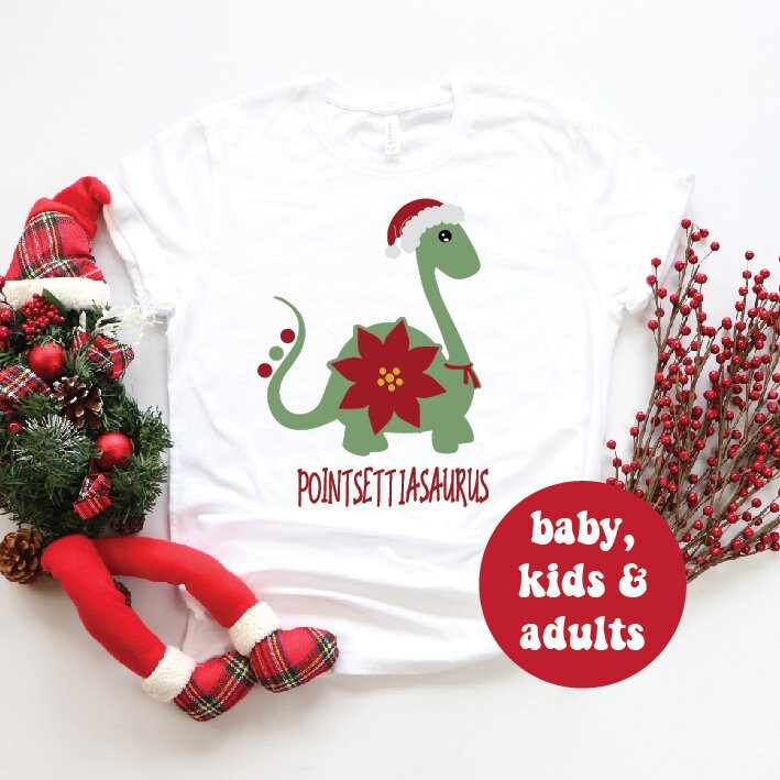 Festive Dinosaur Christmas T-Shirt - Pointsettasaurus Design | Multiple Colors Available | Perfect for Holiday Parties & Gifts