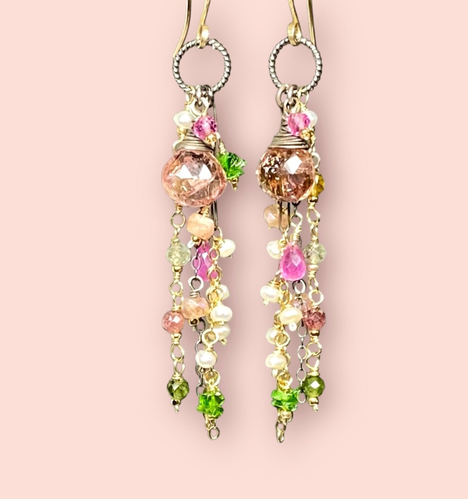 Pastel Tourmaline Gemstone Dangle Earrings - Mixed Metal Bohemian Jewelry for Women - Perfect for Festivals, Weddings & Everyday Wear