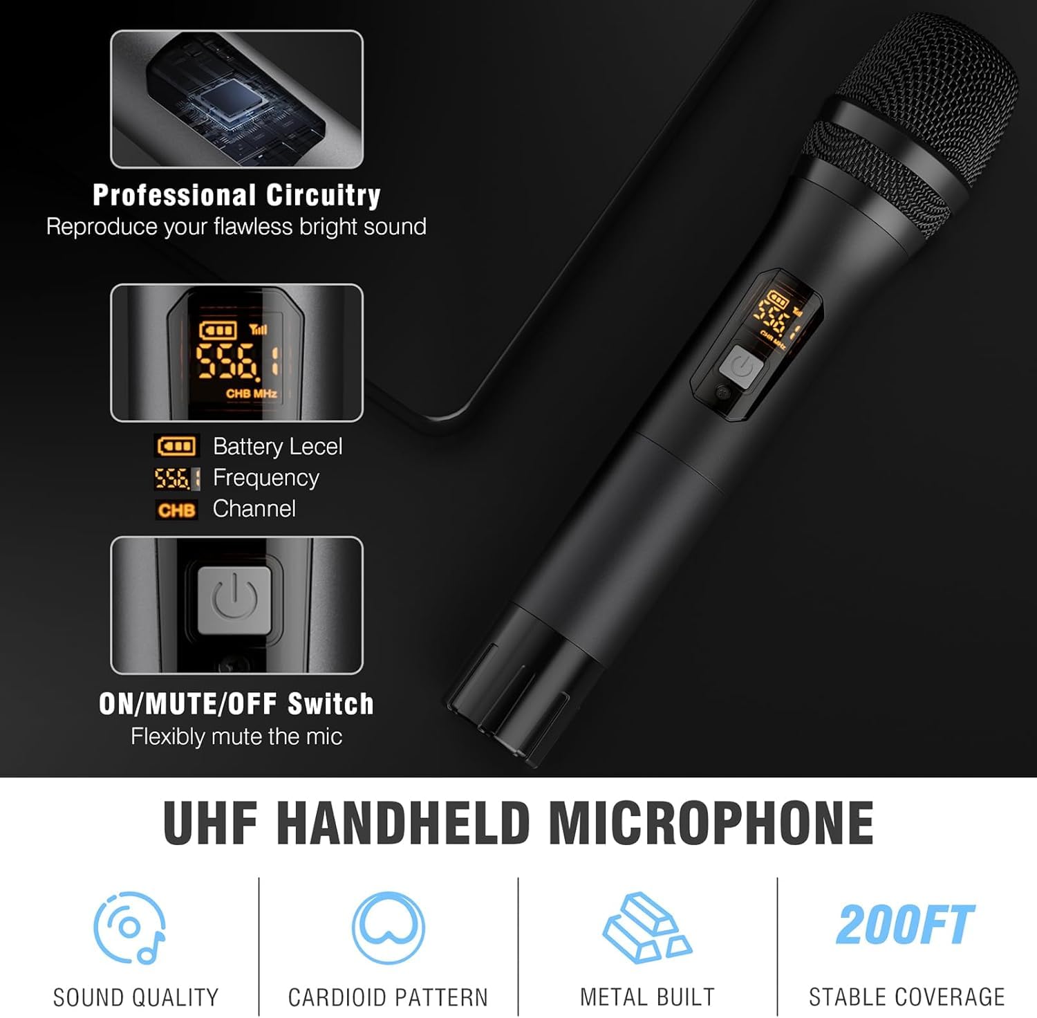 Professional UHF Wireless Microphone System - Dual Metal Handheld Dynamic Mics with 200ft Range for Karaoke, DJ, Church, Wedding & Events | Home KTV, Party & Meeting Use