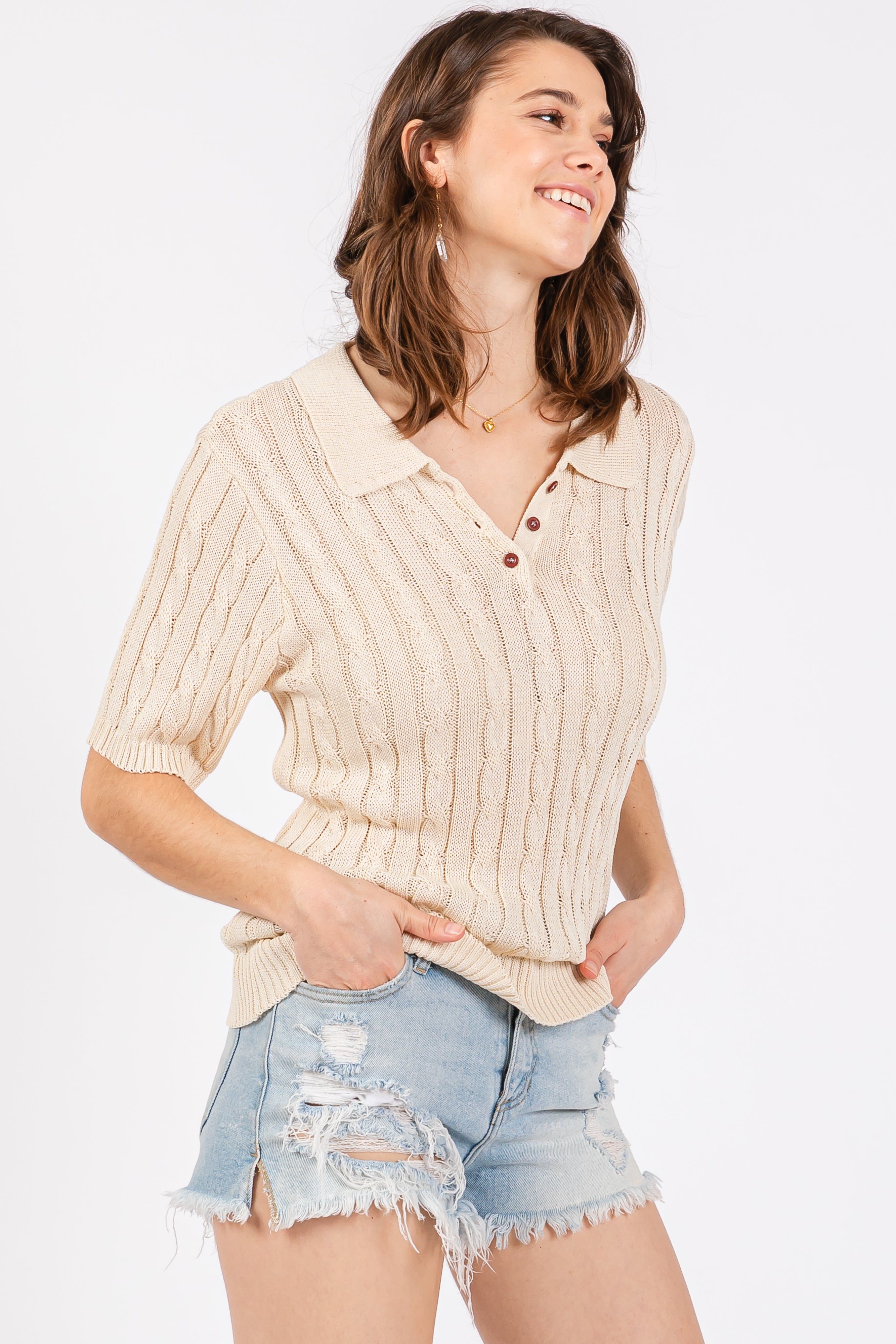 Beige Knit Button Collar Blouse for Women - Elegant Casual Tops for Office, Date Night & Spring Outfits