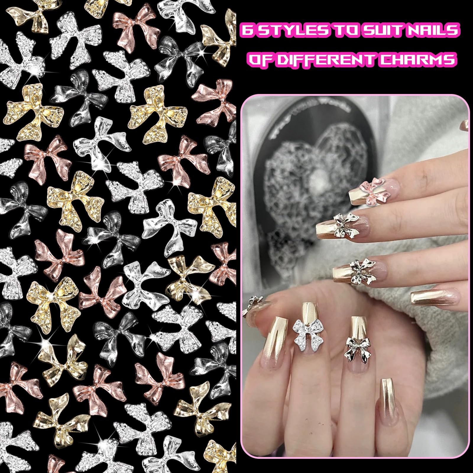 60 Pcs Metal Bow Nail Charms - 3D Golden Silver Gray Alloy Bowknots for Acrylic Nails DIY - Luxury Shiny Bow Tie Nail Gems - Perfect for Nail Art, Manicures, and Professional Salon Use