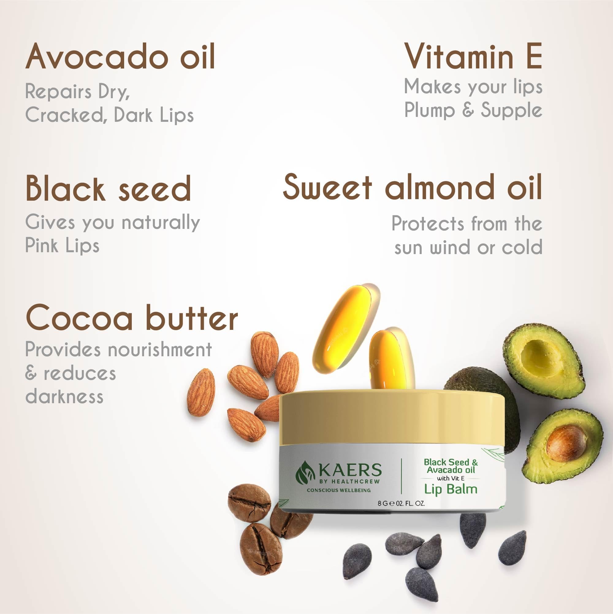 Kaers by Healthcrew Luscious Lip Balm - Black Seed (Kalonji) & Avocado with Vitamin E - 8g (Pack of 2) | Hydrating & Nourishing Lip Care for Dry, Chapped Lips - Day & Night Use
