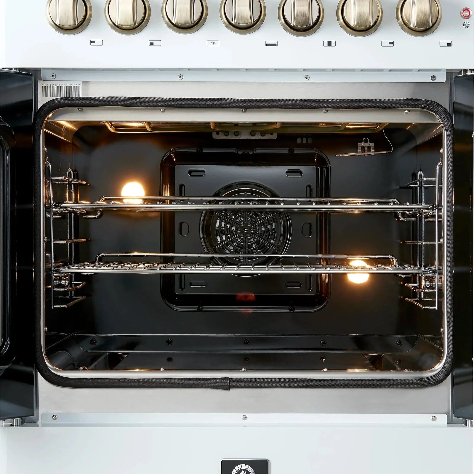 Forno Galiano 30-Inch French Door Dual Fuel Range - 5 Gas Burners & Electric Convection Oven in White with Antique Brass Trim (Model FFSGS6356 30WHT) - Perfect for Gourmet Cooking, Baking, and Entertaining in Modern Kitchens