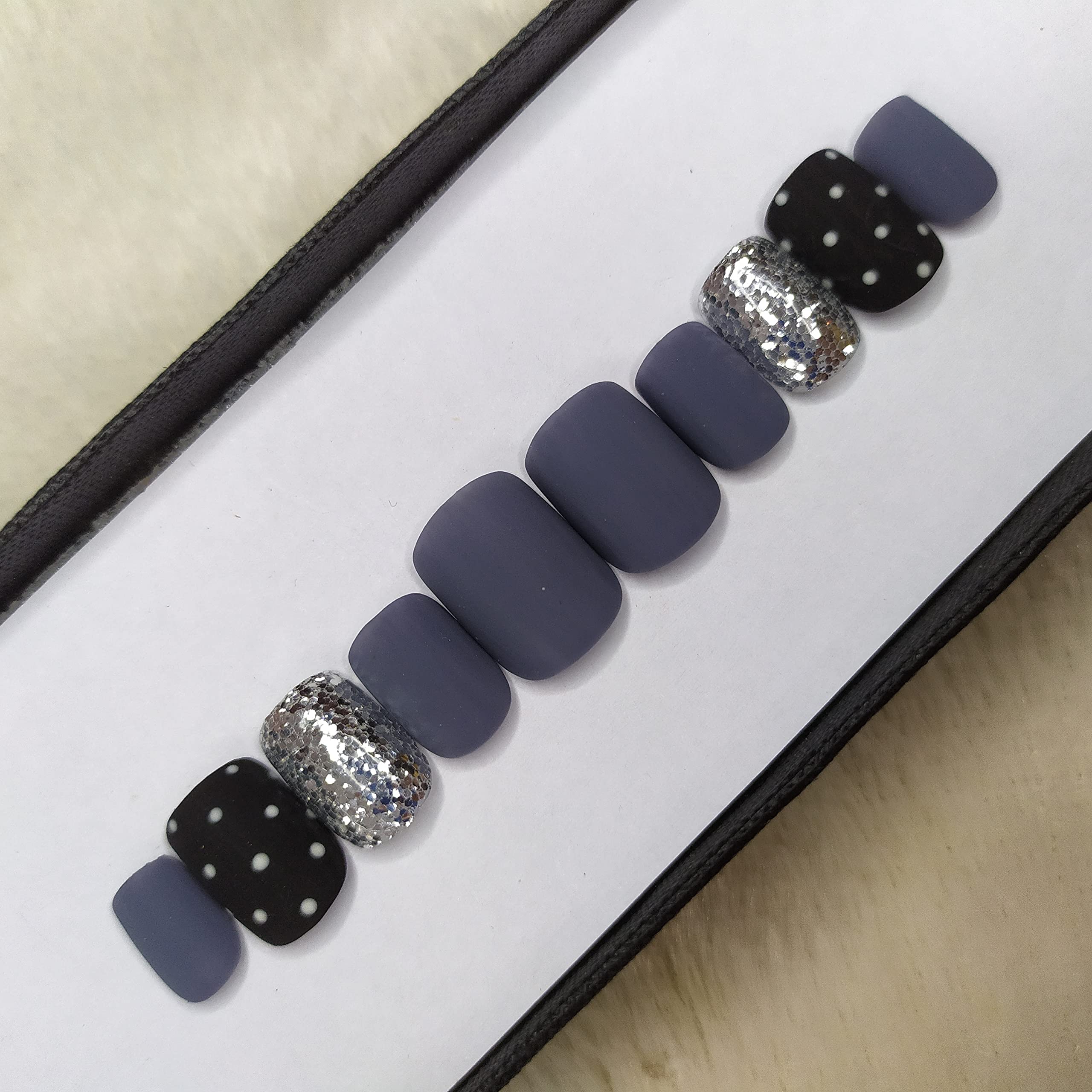 Matte Grey White Dots Glitter Press on Fake Nails - Square Artificial Nails with Complete Application Kit (12 Nails) for Parties, Weddings & Special Occasions