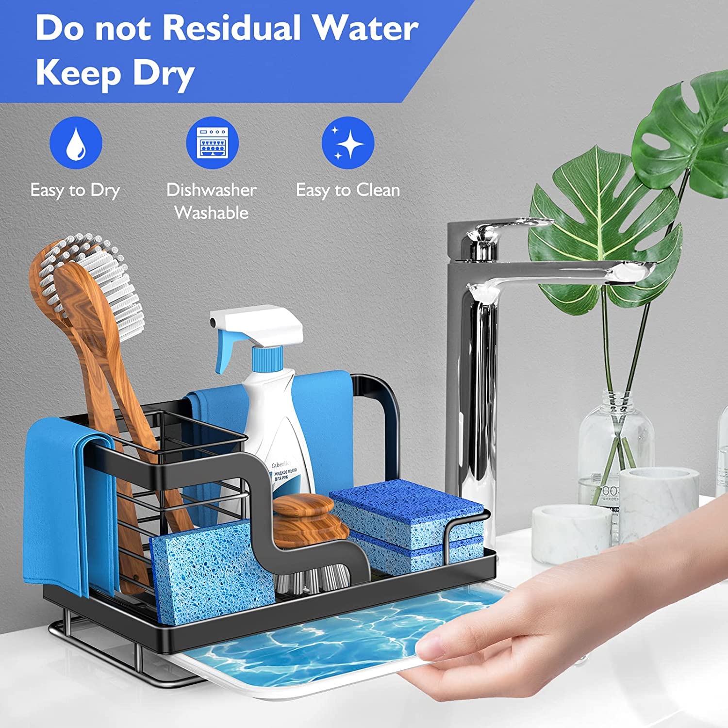 Black Sink Caddy Organizer - Kitchen Sponge, Dish Soap & Scrubber Holder with Removable Drain Pan - Perfect for Kitchen Sink Organization & Cleaning Supplies Storage