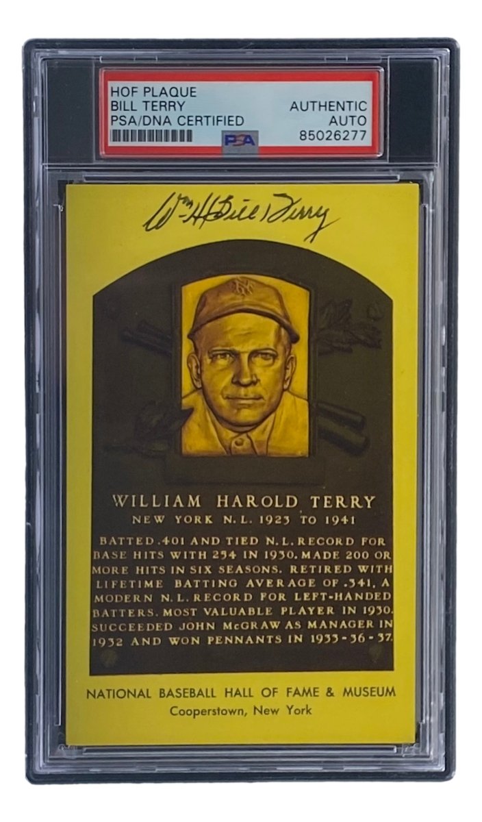 Bill Terry Autographed 4x6 New York Giants Hall of Fame Plaque Card with PSA/DNA Certification #85026277 - Perfect for Sports Memorabilia Collectors and Giants Fans Display