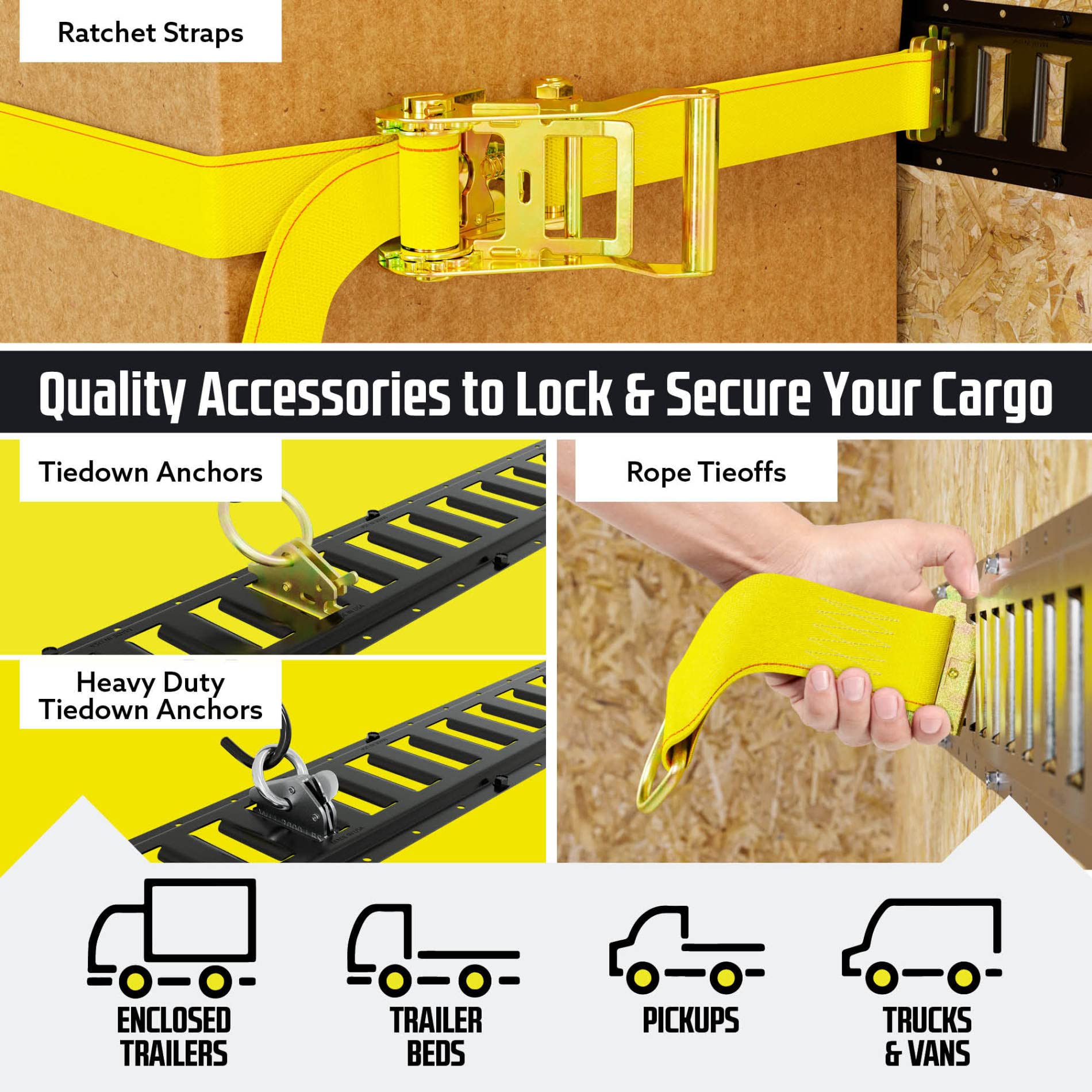 16PCS 5FT E-Track Tie Down Rail Kit - 4 Powder-Coated Rails, 12FT Ratchet Straps, O Rings & D-Ring Tie-Offs for Secure Cargo Transport - Perfect for Vans, Trucks & Trailers