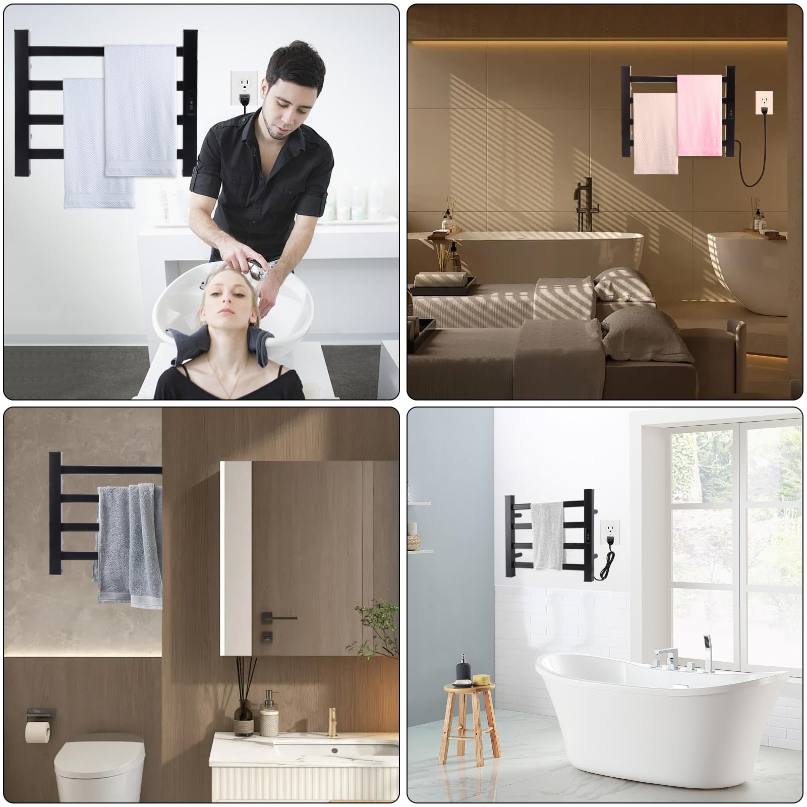Electric Towel Warmer Heater - 4 Bar Wall Mounted Bathroom Towel Rack with Plug-in Heating, Matte Black - Perfect for Spa, Luxury Hotels & Cozy Home Bathrooms