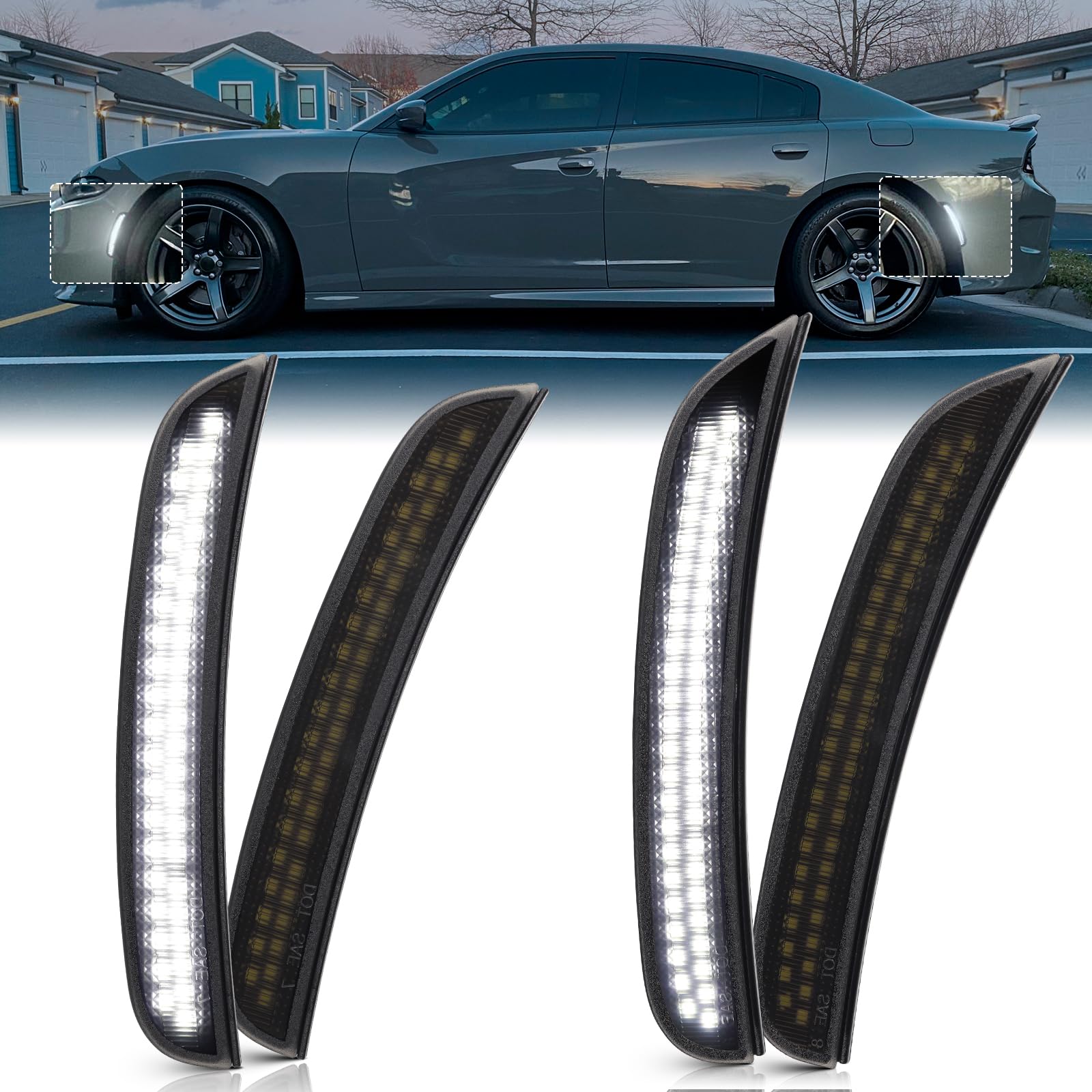 Smoked LED Side Marker Lights for Dodge Charger 2015-2023 - Dual Row Chips, Pure White Front & Rear Bumper Lights - Perfect for Night Driving and Custom Car Upgrades