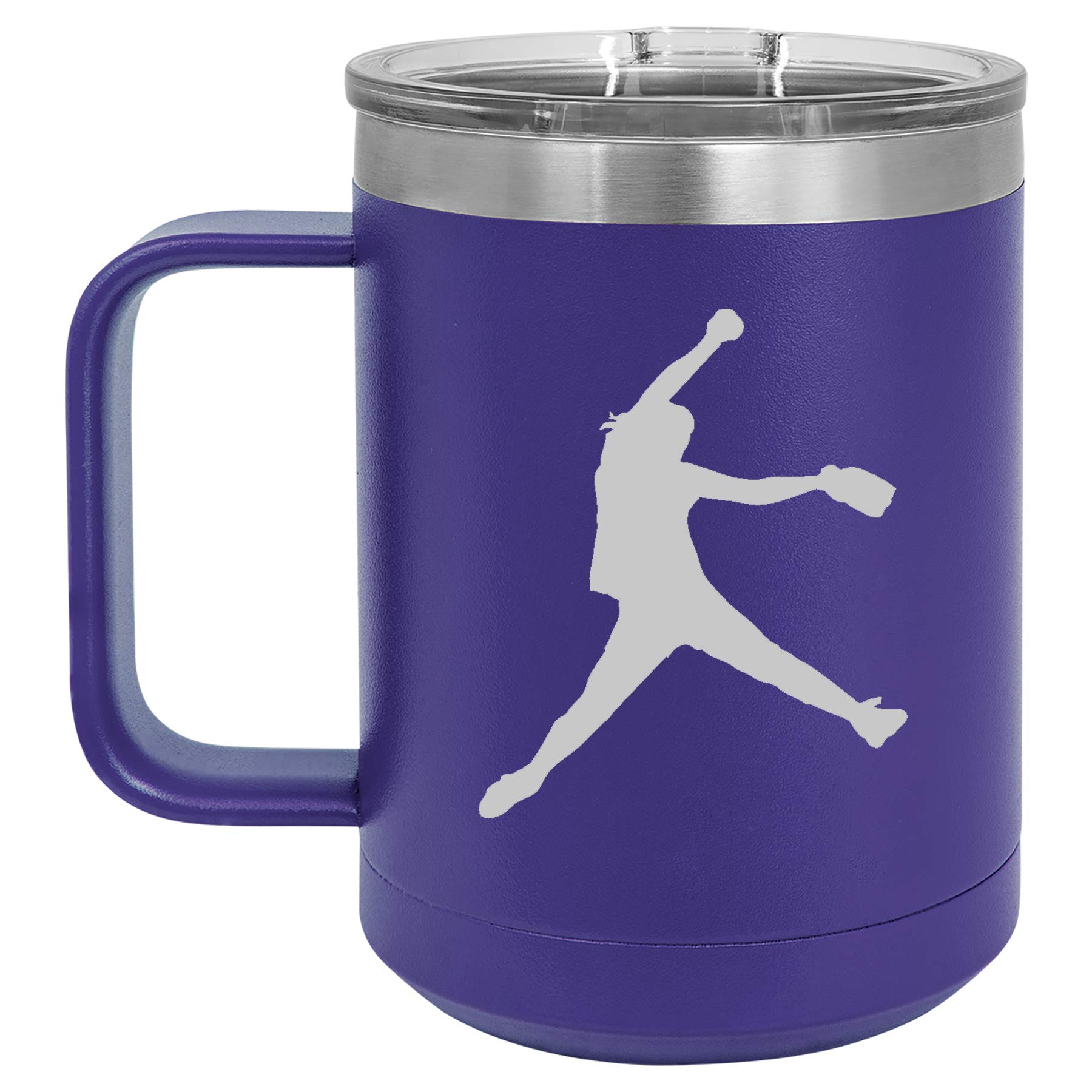 15 oz Insulated Stainless Steel Tumbler with Handle & Lid - Vacuum Sealed Hot/Cold Travel Mug for Coffee & Tea - Perfect for Softball Players, Office & Outdoor Activities (Purple)