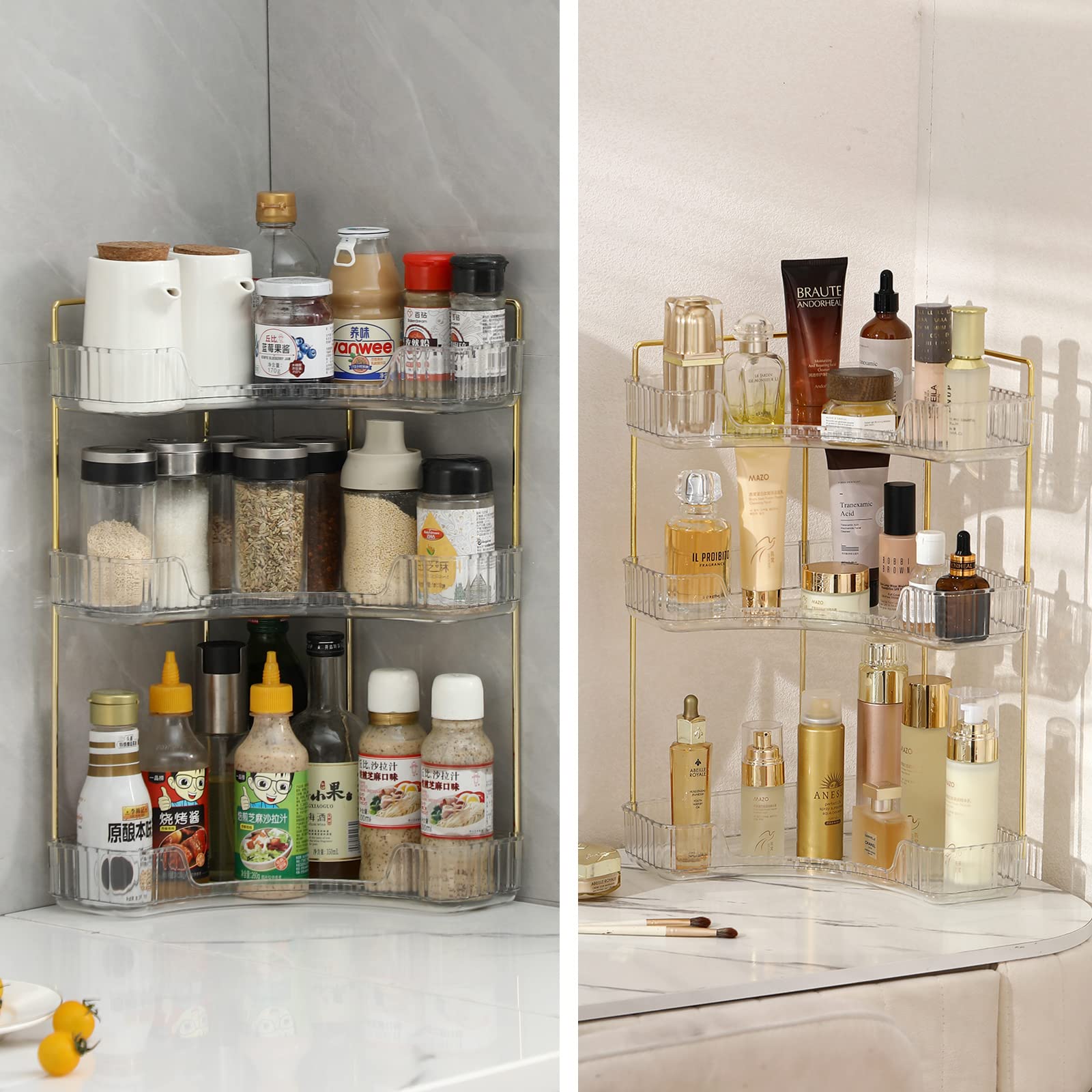 3-Tier Clear Corner Bathroom Countertop Organizer - Vanity Tray for Makeup, Perfume & Jewelry Storage | Space-Saving Spice Rack for Kitchen & Bathroom Organization | Perfect for Small Spaces, Countertops & Vanities
