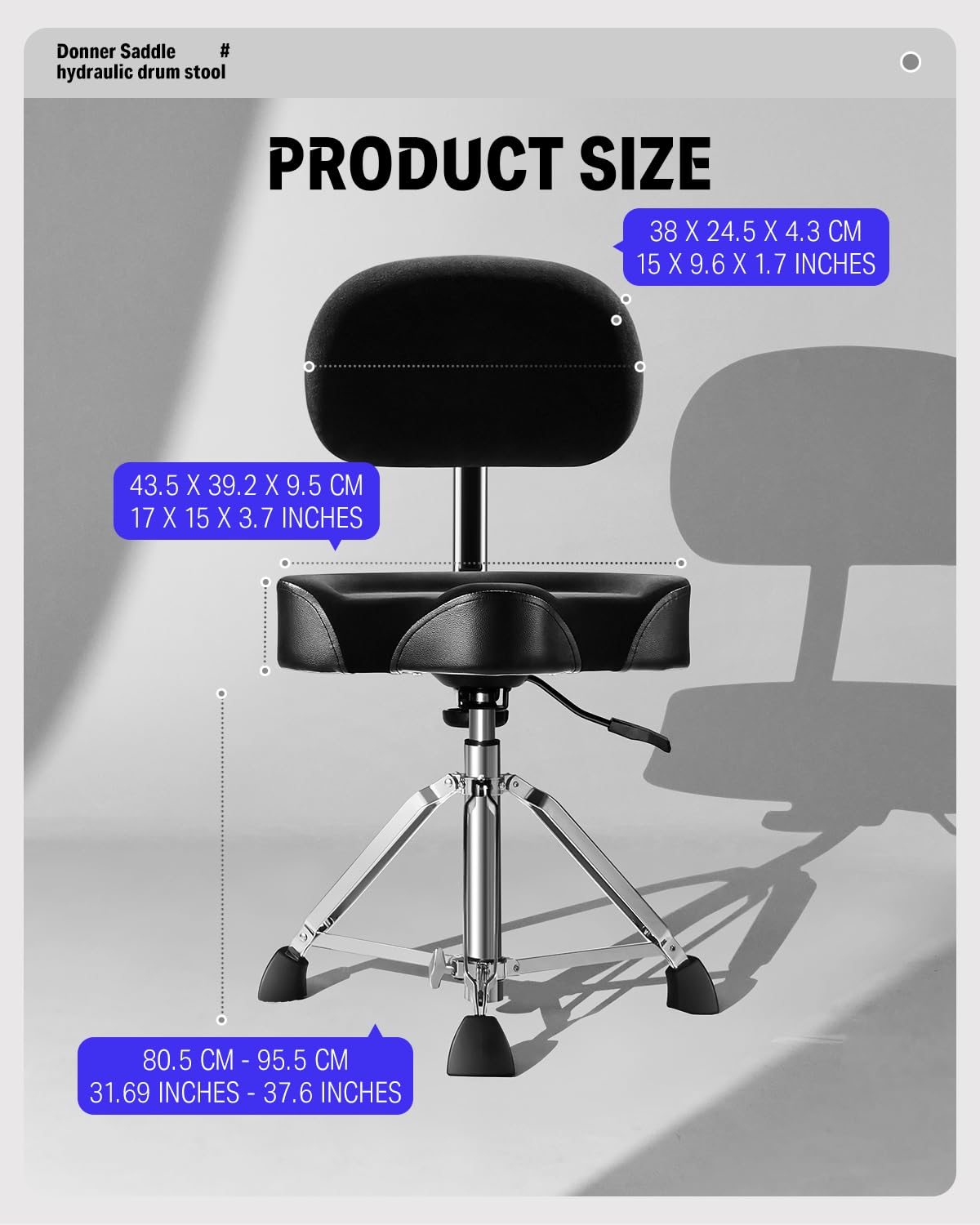 Donner Heavy Duty Hydraulic Drum Throne with Backrest - Adjustable Height Motorcycle Style Drum Seat for Adult Drummers (Black) | Perfect for Drum Practice, Live Performances & Studio Recording
