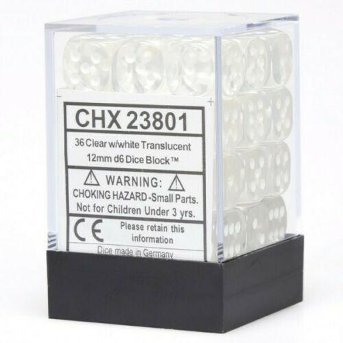 Chessex D6 36 Pack - 12mm Clear White Translucent Pipped Dice Set for Tabletop RPG, Board Games & D&D Accessories