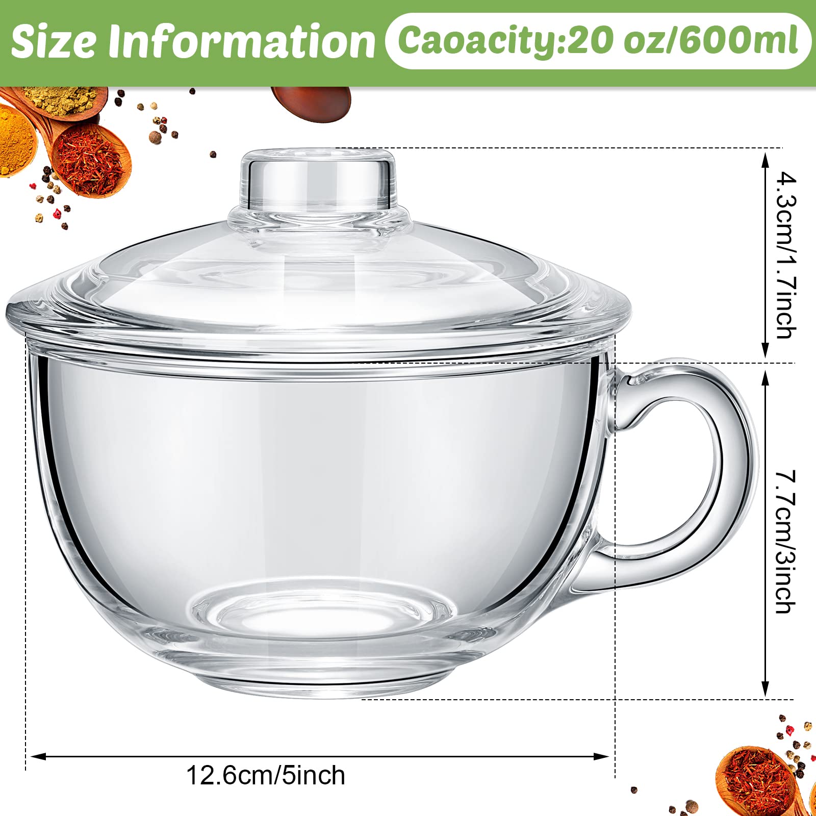 2-Pack Clear Glass Ramen Bowls with Lids & Handles - Microwave Safe Mixing Bowls for Cooking (20oz/600ml) - Perfect for Noodles, Soup, Cereal, Breakfast & Fruit Serving