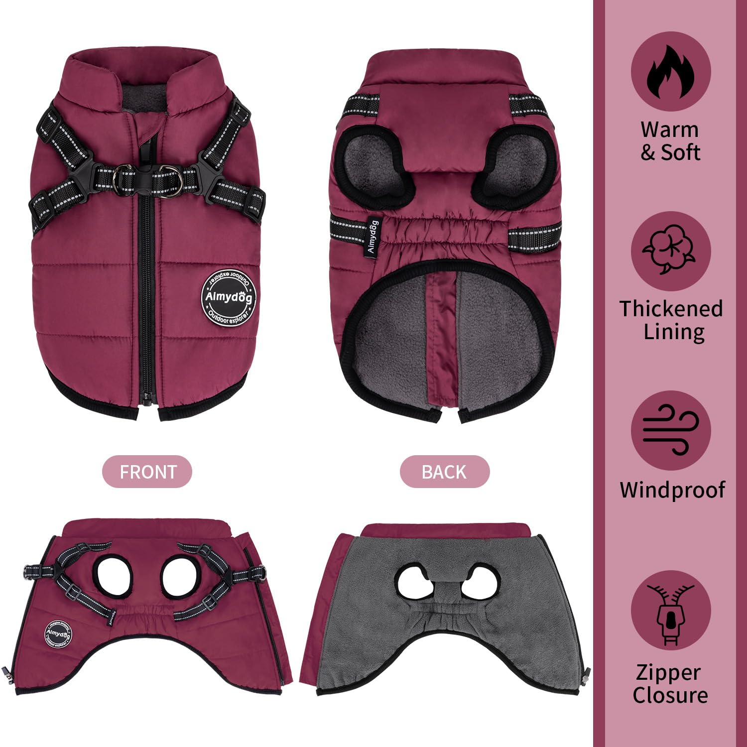 Warm Winter Dog Coat for Small Dogs - Fashionable & Waterproof Windproof Pet Jacket with Built-in Harness, Reflective Adjustable Vest - Perfect for Cold Weather Walks, Outdoor Adventures & Nighttime Safety (Purple)