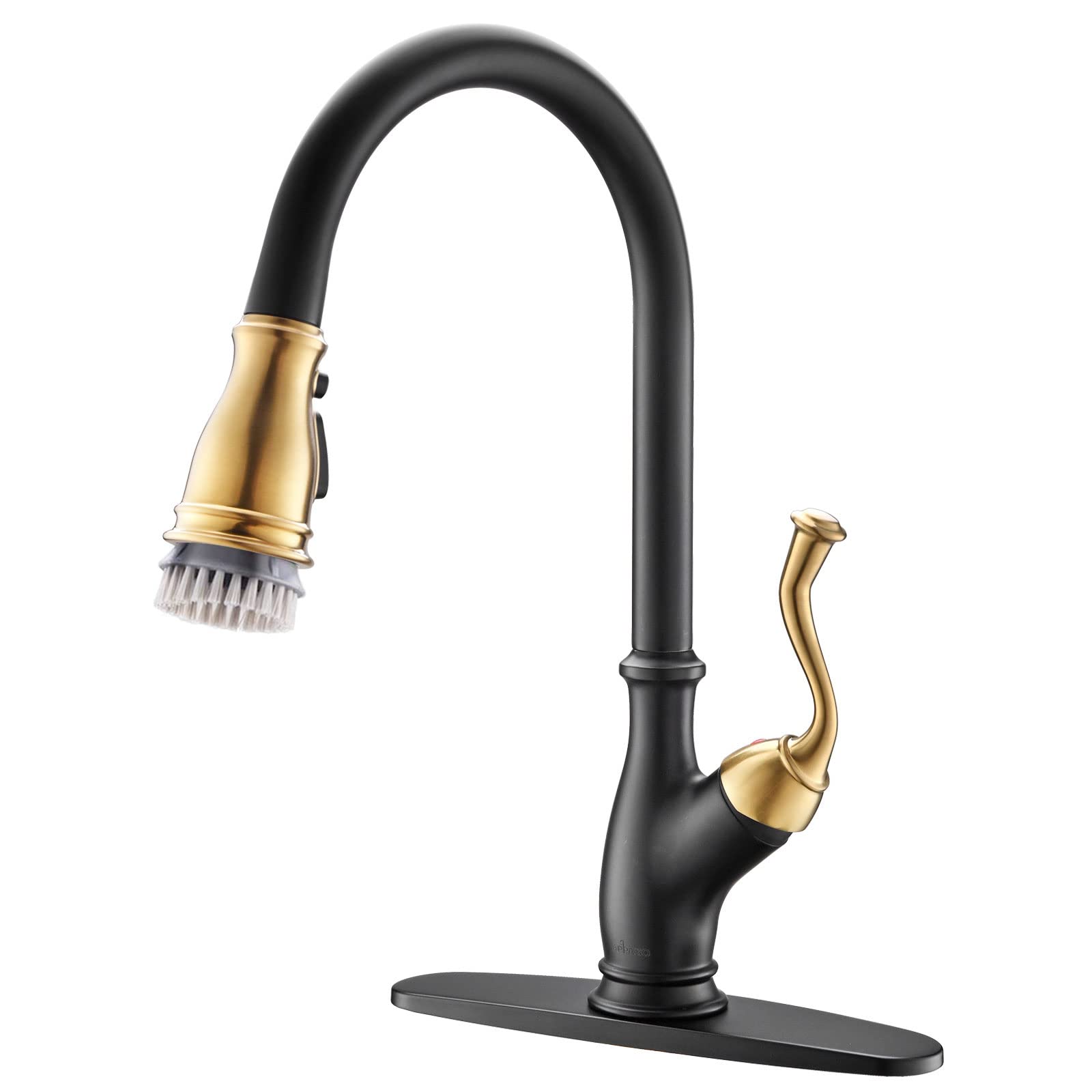 APPASO Black and Gold Kitchen Faucet with Pull Down Sprayer - Solid Brass High Arc Single Handle Sink Faucet with Deck Plate - Perfect for Modern Farmhouse & Industrial Style Kitchens