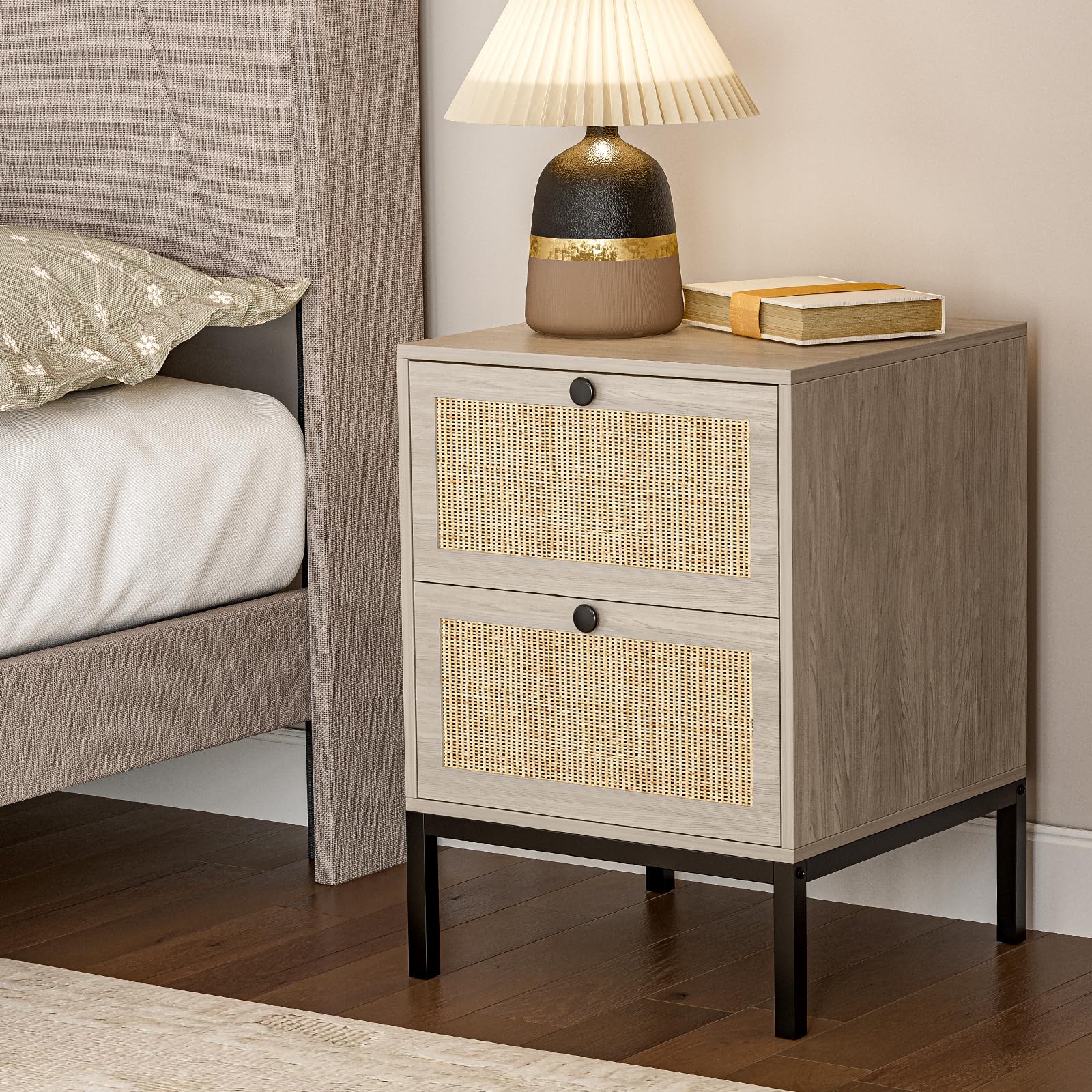 IKIFLY Rattan Nightstand Set of 2 - Handmade Natural Rattan Side Tables with 2 Drawers, Oak Grey Bedside End Tables with Storage for Bedroom, Living Room - Perfect for Small Spaces, Guest Rooms & Apartment Decor