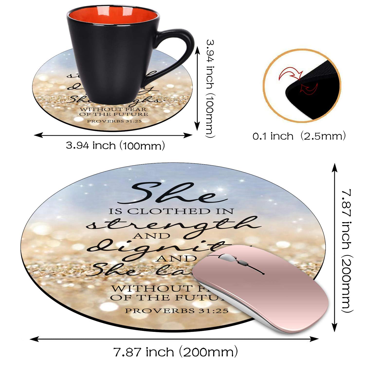Rainbow Glitter Christian Quote Bible Verse Proverbs 31:25 Mouse Pad with Non-Slip Rubber Base - Round Mouse Pad & Coasters Set for Laptop, Computer, Office & Home Decor