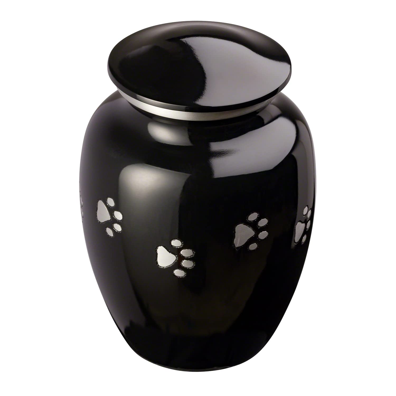 Ottillie Paws Tribute Series Small Pet Urn for Dogs and Cats - Ebony Finish, Horizontal Pewter Paws, Walnut Base, Silver/Black Plate - Perfect for Memorial Keepsakes and Home Display