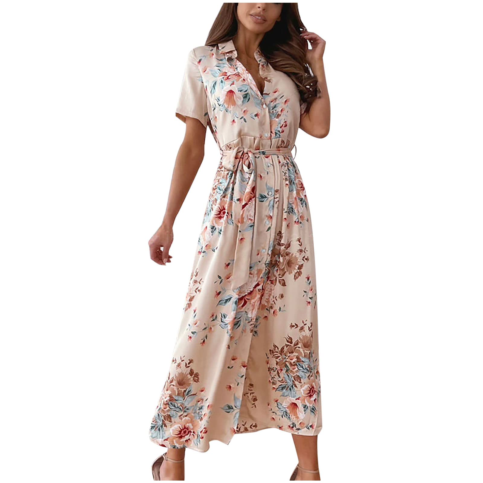 Women's Floral Print Casual Summer Maxi Dress with Button Lapel, Short Sleeves & Belt - Boho Chic Shirt Dress for Beach, Vacation & Everyday Wear