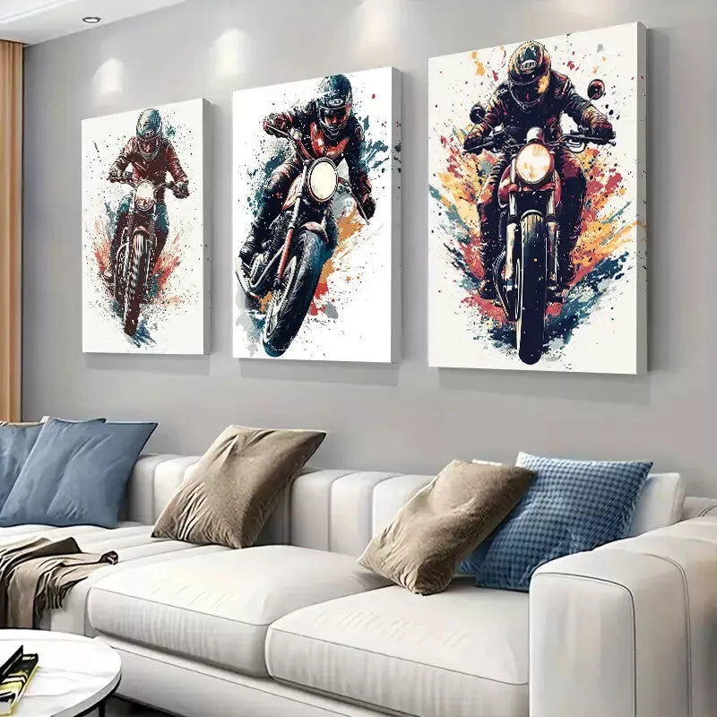 3-Piece Vibrant Motorcycle Rider Wall Art Set - Framed Canvas 40x60cm (16x24in) - High Quality Australian Made Prints - Ready to Hang - Perfect for Living Room, Bedroom or Man Cave Decor