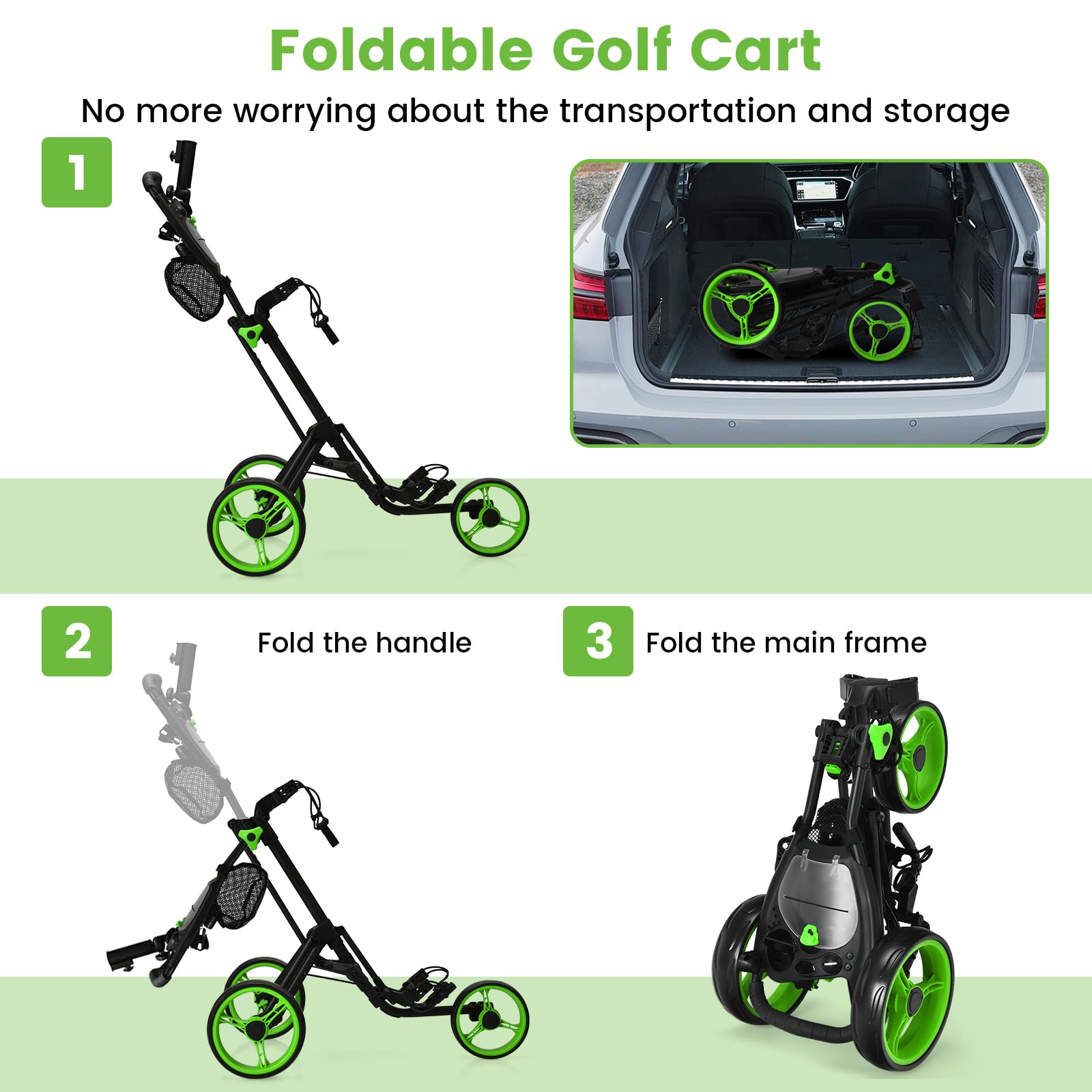 Ultimate 3 Wheel Golf Push Cart - Lightweight Folding Golf Trolley with Scorecard Holder, Cup Holder, Umbrella Holder & Golf Bag Holder - Includes Mesh Storage Bag, Adjustable Handle & Foot Brake - Perfect for Golf Courses, Driving Ranges & Outdoor Practice Sessions