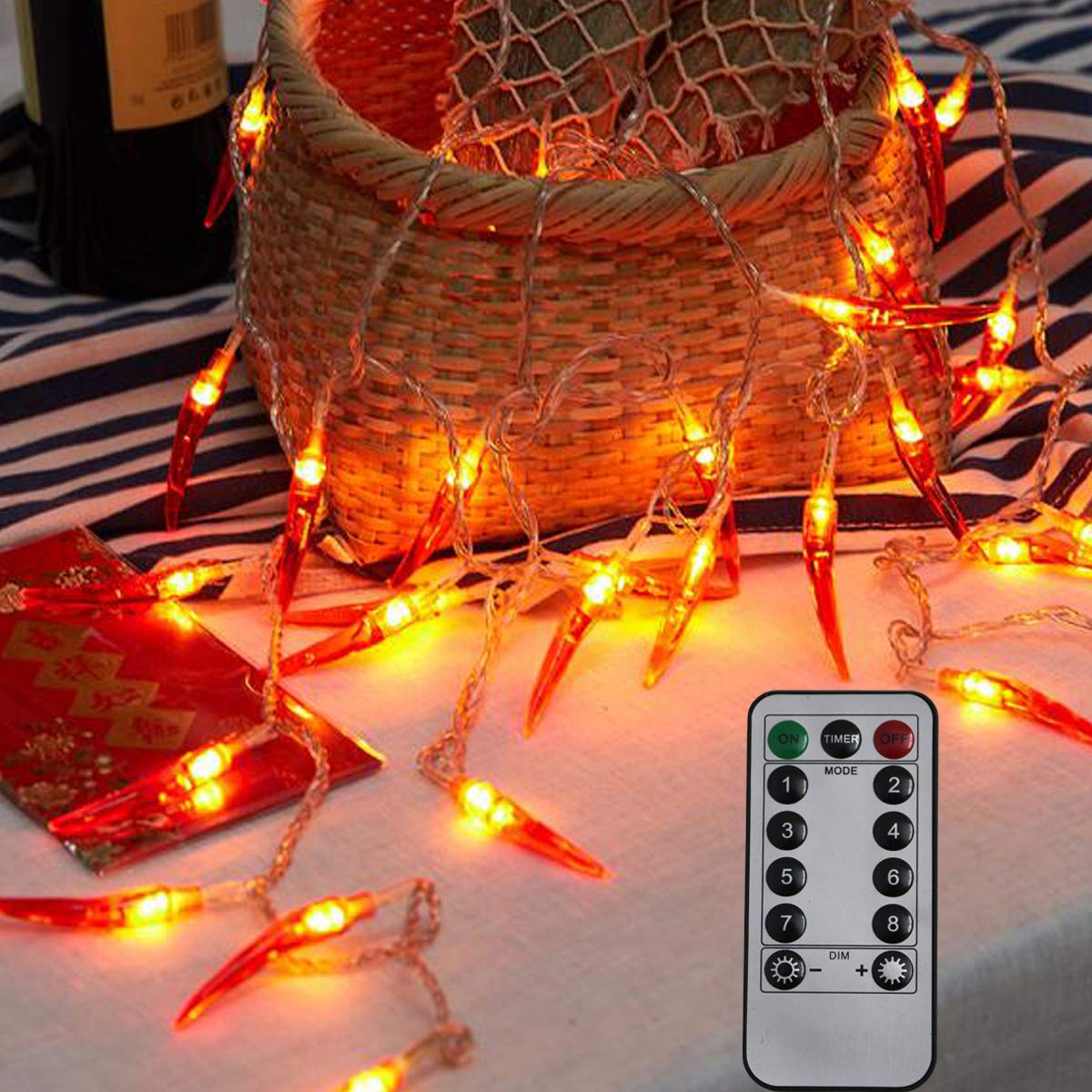 20 LED Red Chili String Lights - 10ft Battery Operated with Remote Control | Fairy Lights for Wedding Decor, Christmas Party, Chinese New Year & Spring Festival | Indoor/Outdoor Decorative Lighting for Garden, Patio & Home