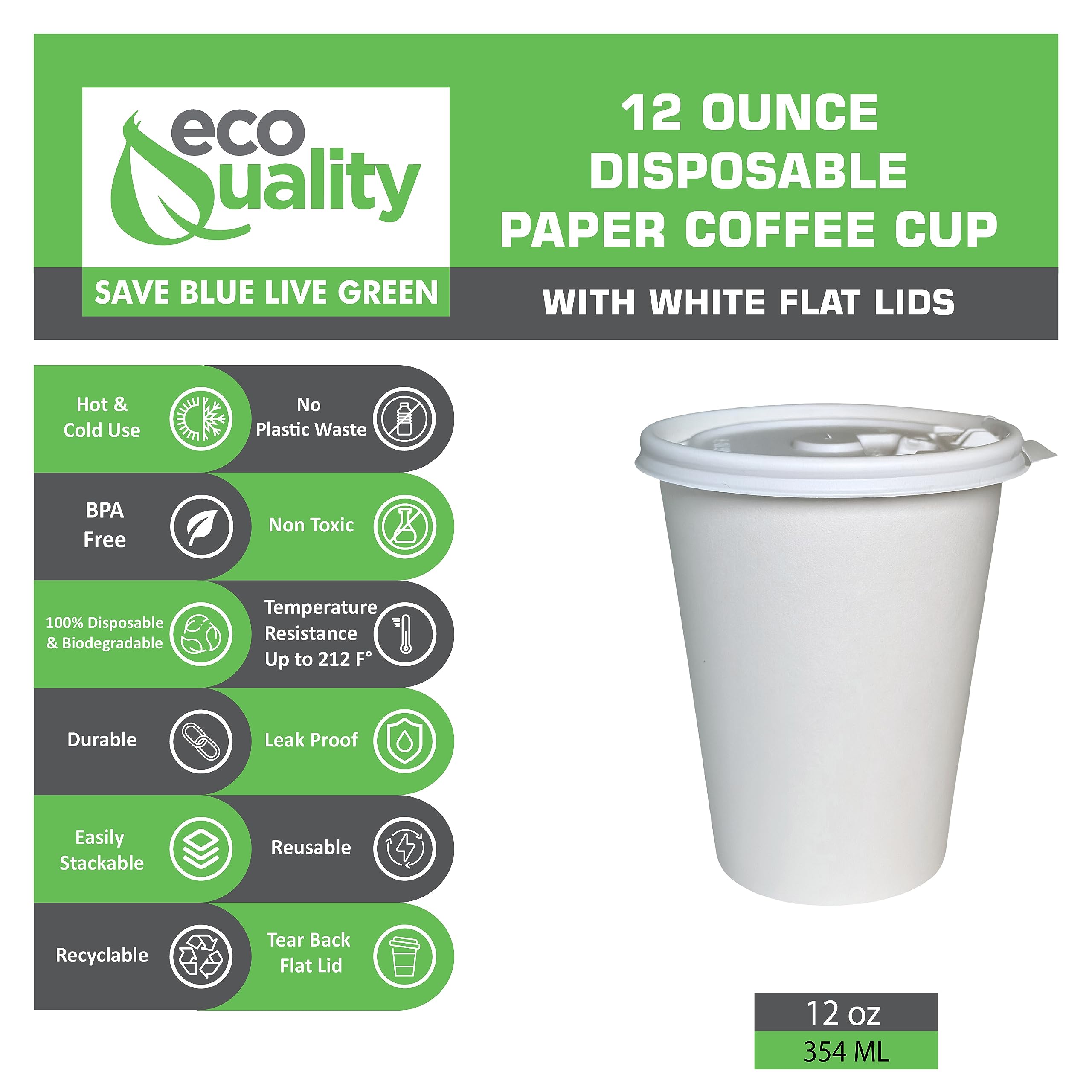 EcoQuality 12 oz Disposable Paper Cups with Flat Lids - 500 Pack for Hot & Cold Beverages, Coffee, Tea, Cocoa - Durable Travel Cups for Office, Cafes, Parties & Events - White