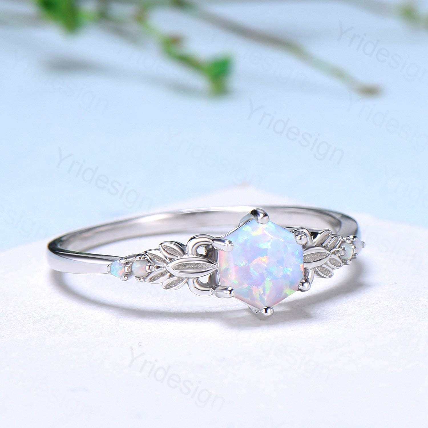 Natural Fire Opal Hexagon Cut Ring - White Gold Celtic Leaf Vine Engagement Ring for Women | Anniversary, Bridal, Wedding Jewelry Gift for Her