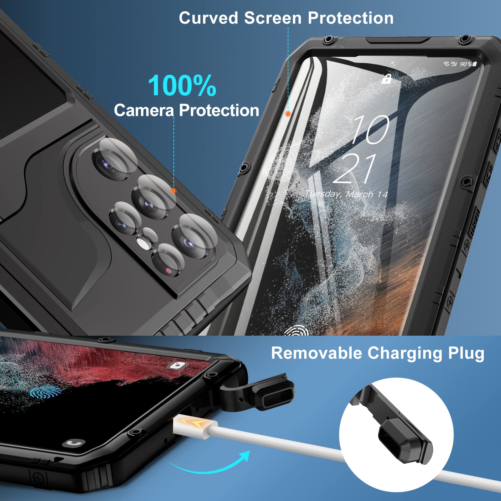 **Mitywah Heavy Duty Shockproof Waterproof Case for Samsung Galaxy S22 Ultra - Metal Kickstand, Built-in Screen Protector, Full Body Protection (Black) - Perfect for Outdoor, Travel & Extreme Sports**