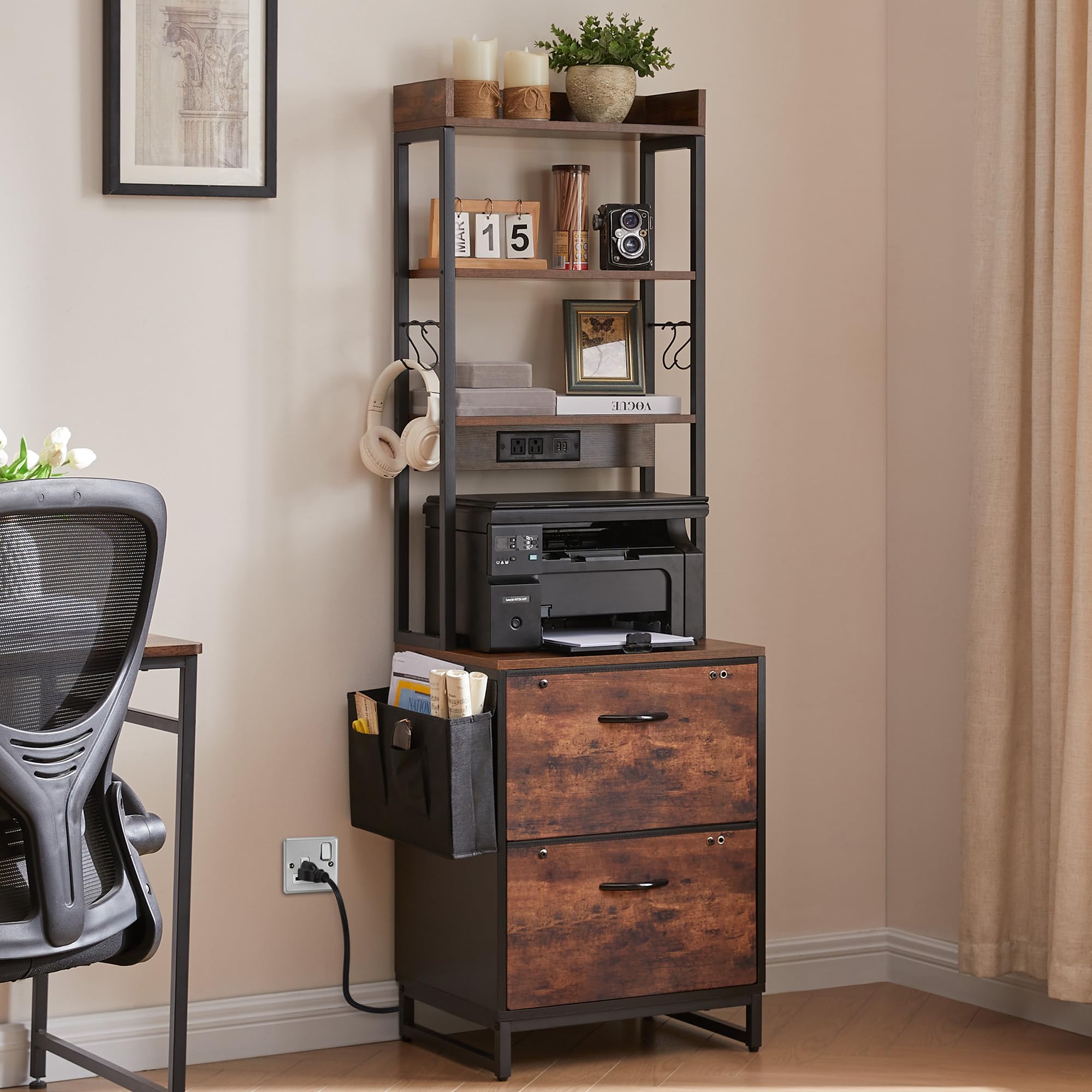 2-Drawer File Cabinet with Adjustable Hanging Folders & Storage Shelf - Letter/A4 Size Office Storage with Built-in Power Outlet - Perfect for Home Office, Study Room & Small Workspaces