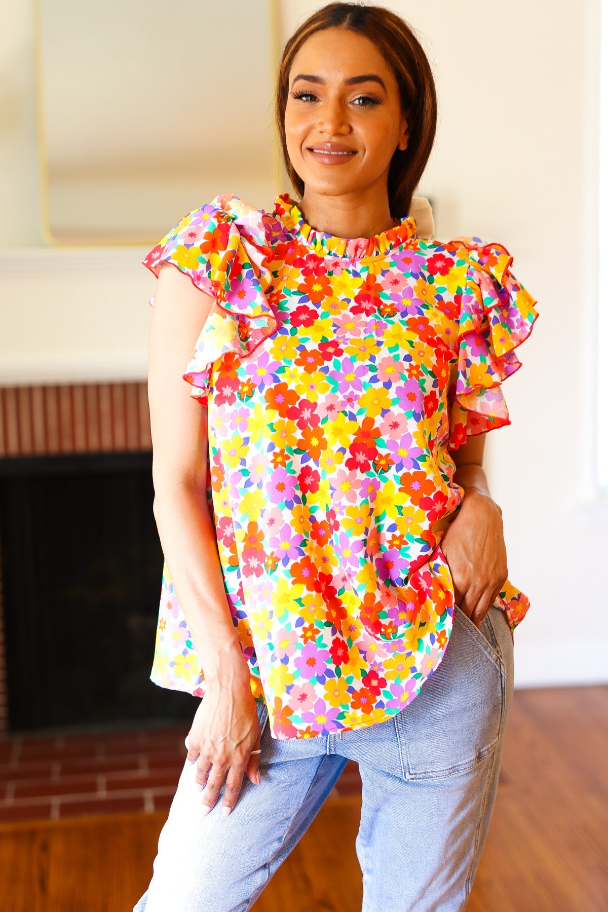 Flower Power Ivory & Red Floral Print Mock Neck Flutter Sleeve Blouse | Women's Boho Chic Tops for Date Night & Summer Outfits