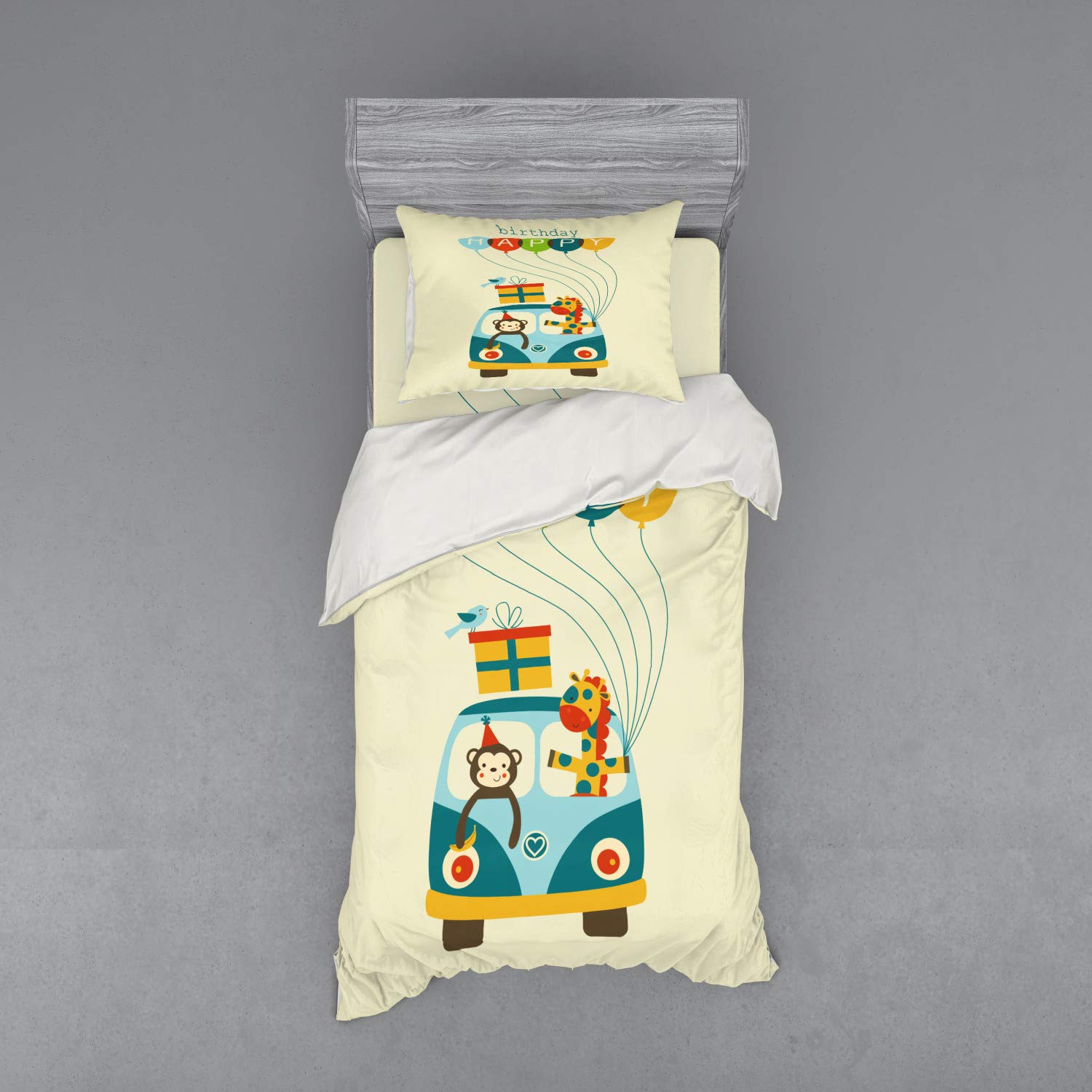Ambesonne Hippie Bus Birthday Party Bedding Set - Blue Monkeys Giraffes Balloons Surprise Box Print Duvet Cover 3 Piece Set with Sham & Fitted Sheet, Twin Size Multicolor - Perfect for Kids Room Decor & Themed Birthday Parties