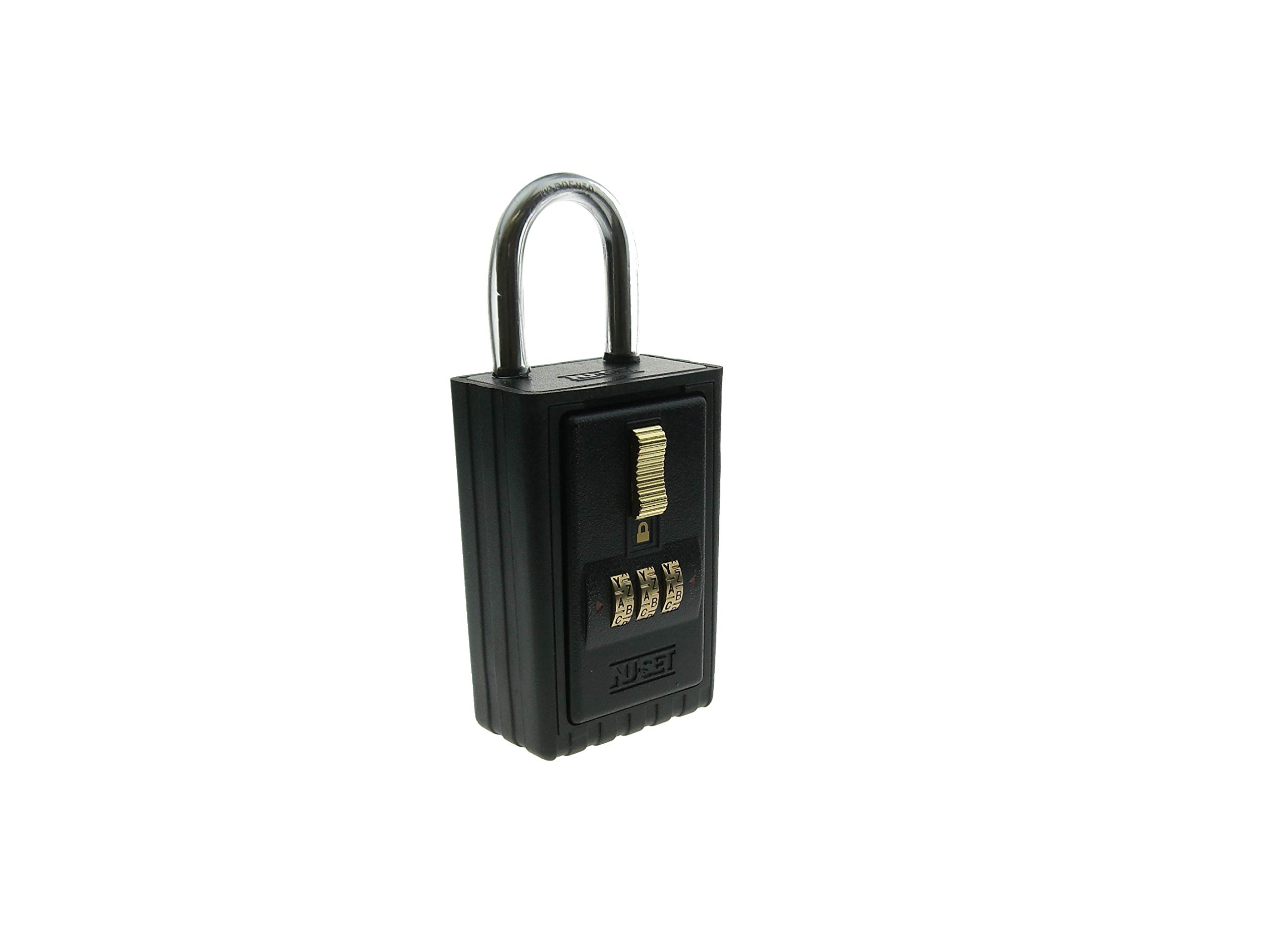 NU-SET 3 Digit 26-Alpha Combination Lock Box with Keyed Shackle - Secure Key Storage Lock Box for Home, Office & Travel - Durable Door Hardware in Black