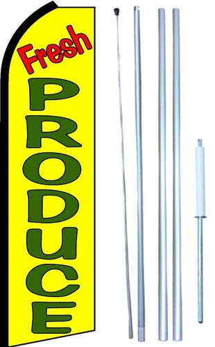 Fresh Produce Swooper Flutter Flag Kit with Hybrid Flagpole & Mount - 3x11.5ft Partial Sleeve Flag for Farm Stands, Farmers Markets & Grocery Store Advertising