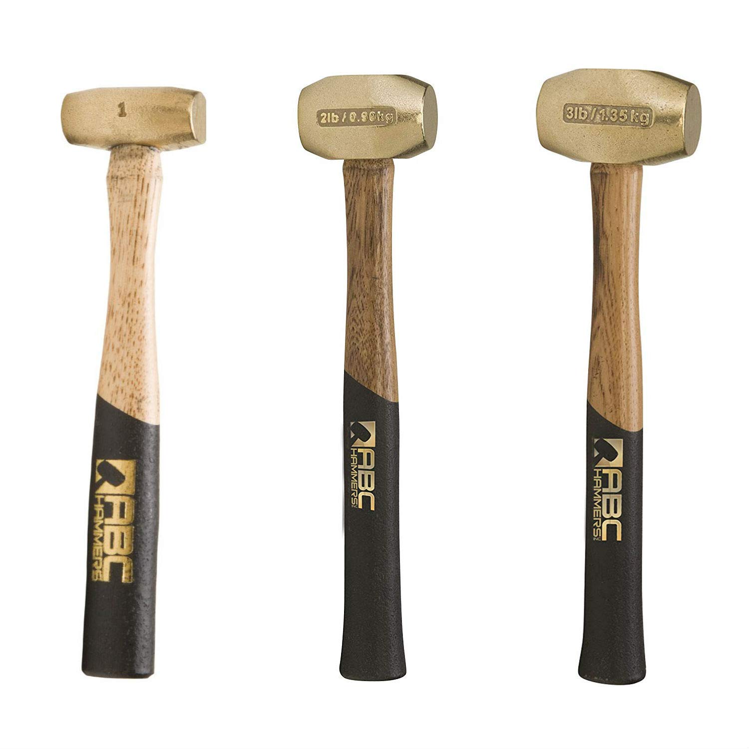 ABC 12.5-Inch Brass Hammer with Wood Handle - 1, 2 & 3-Pound Set for Metalworking, Woodworking & DIY Projects - Heavy Duty Tools for Blacksmithing, Jewelry Making & Home Repairs
