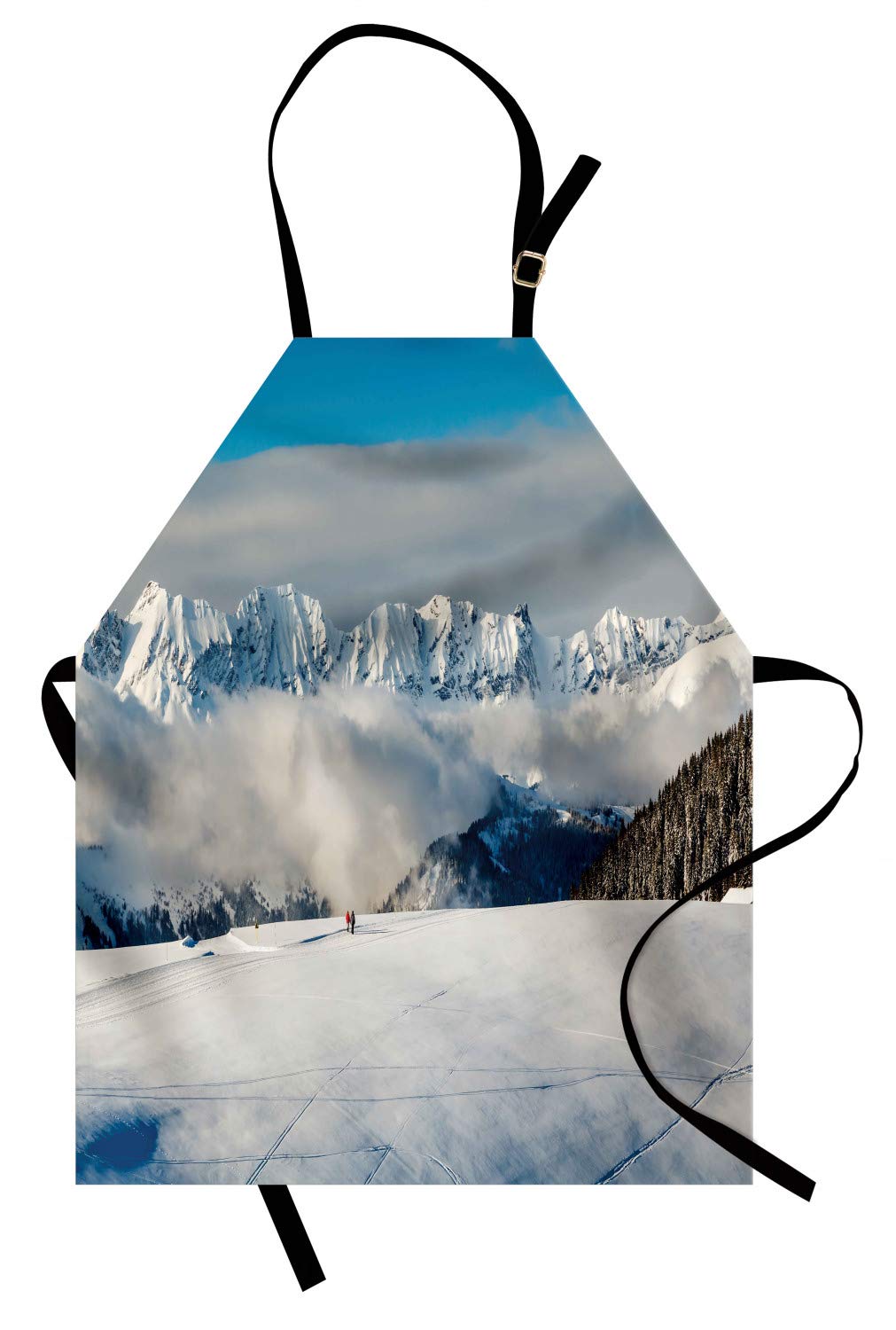 Ambesonne Winter Apron - French Alps Hiking Travel Design with Mountain Panorama & Hikers - Adjustable Ties for Baking, Painting, Cooking - Small Size Blue White Brown - Perfect for Kitchen, Art Studio & Holiday Cooking Gifts